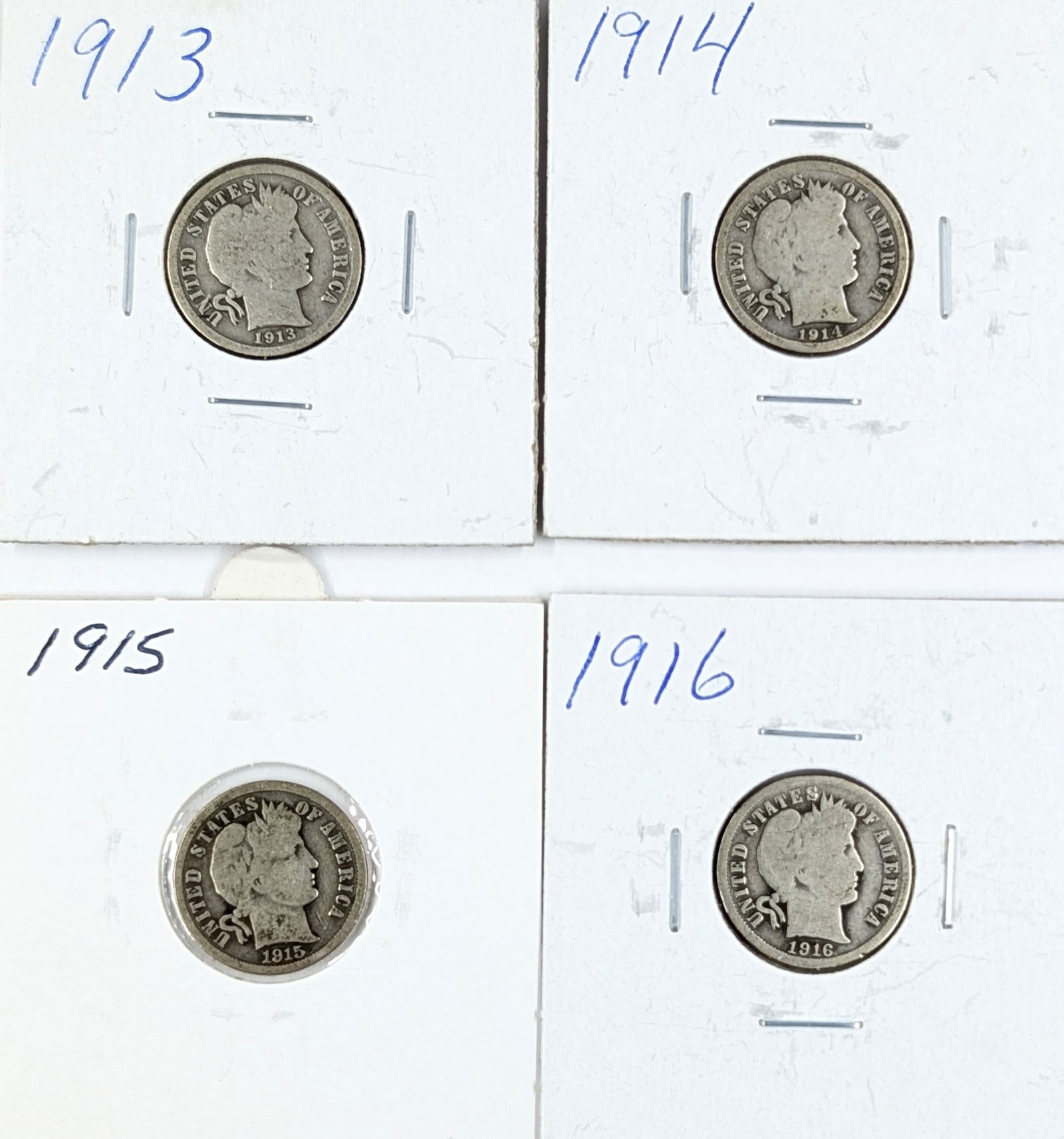 Lot of 4 Silver Barber Dimes - 1913-1916: Silver
