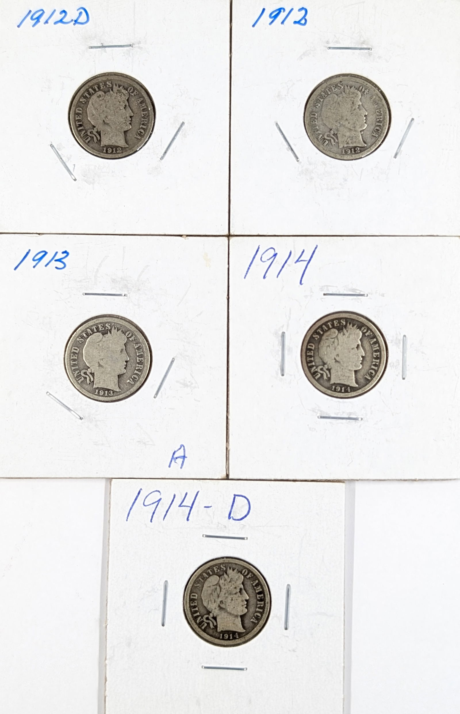 Lot of 5 Silver Barber Dimes - 1912-1914: Silver