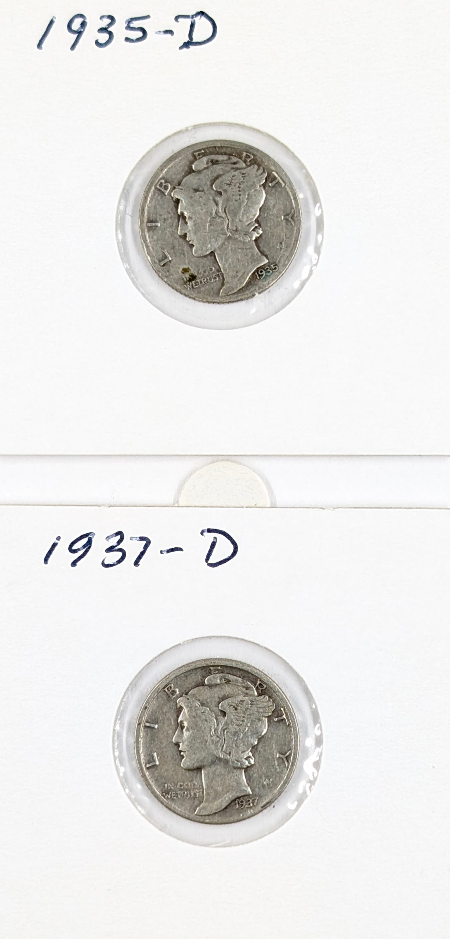 Lot of 2 Silver Mercury Dimes - 1935-D, 1937-D: Silver