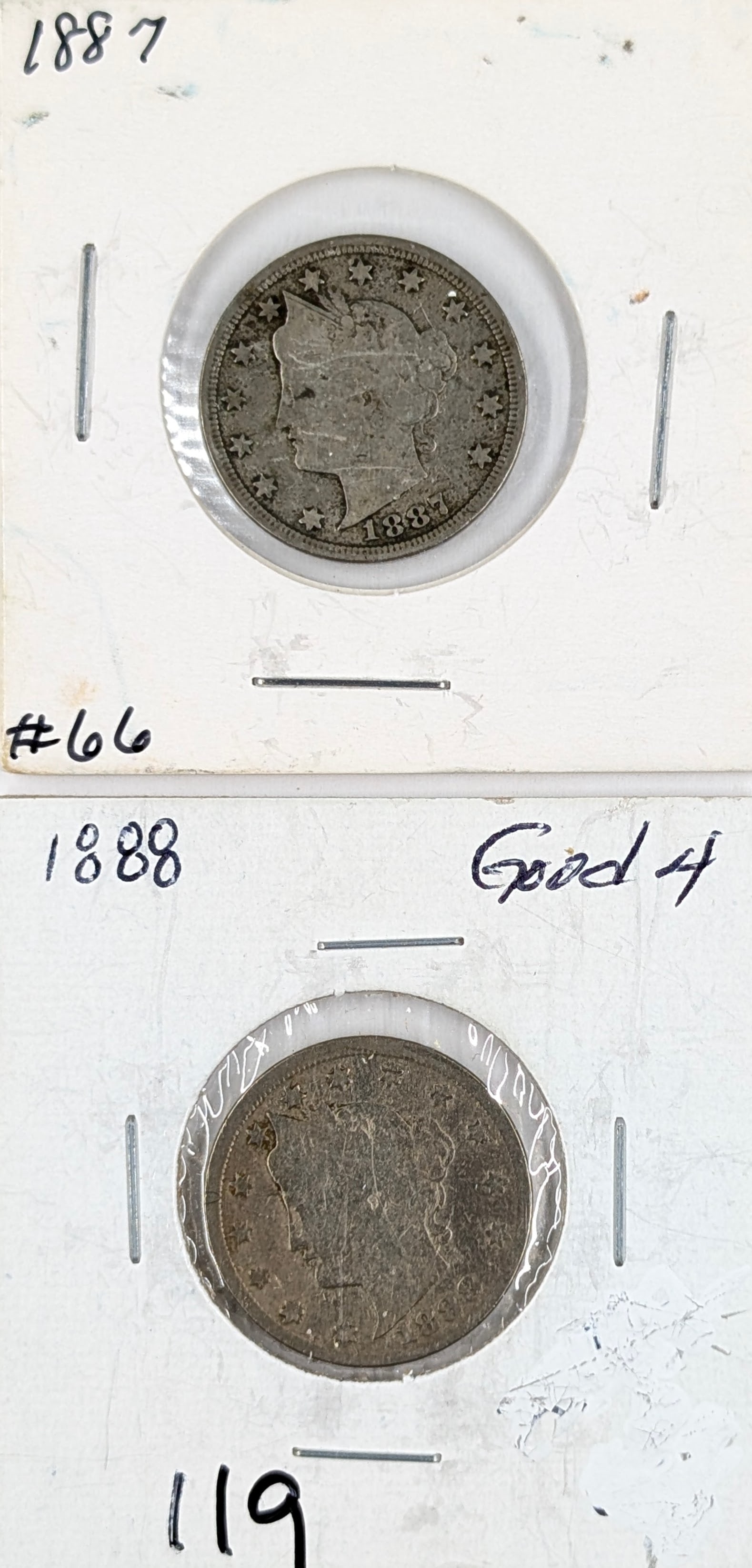 Lot of 2 Liberty V Nickels - 1887, 1888: Coin 