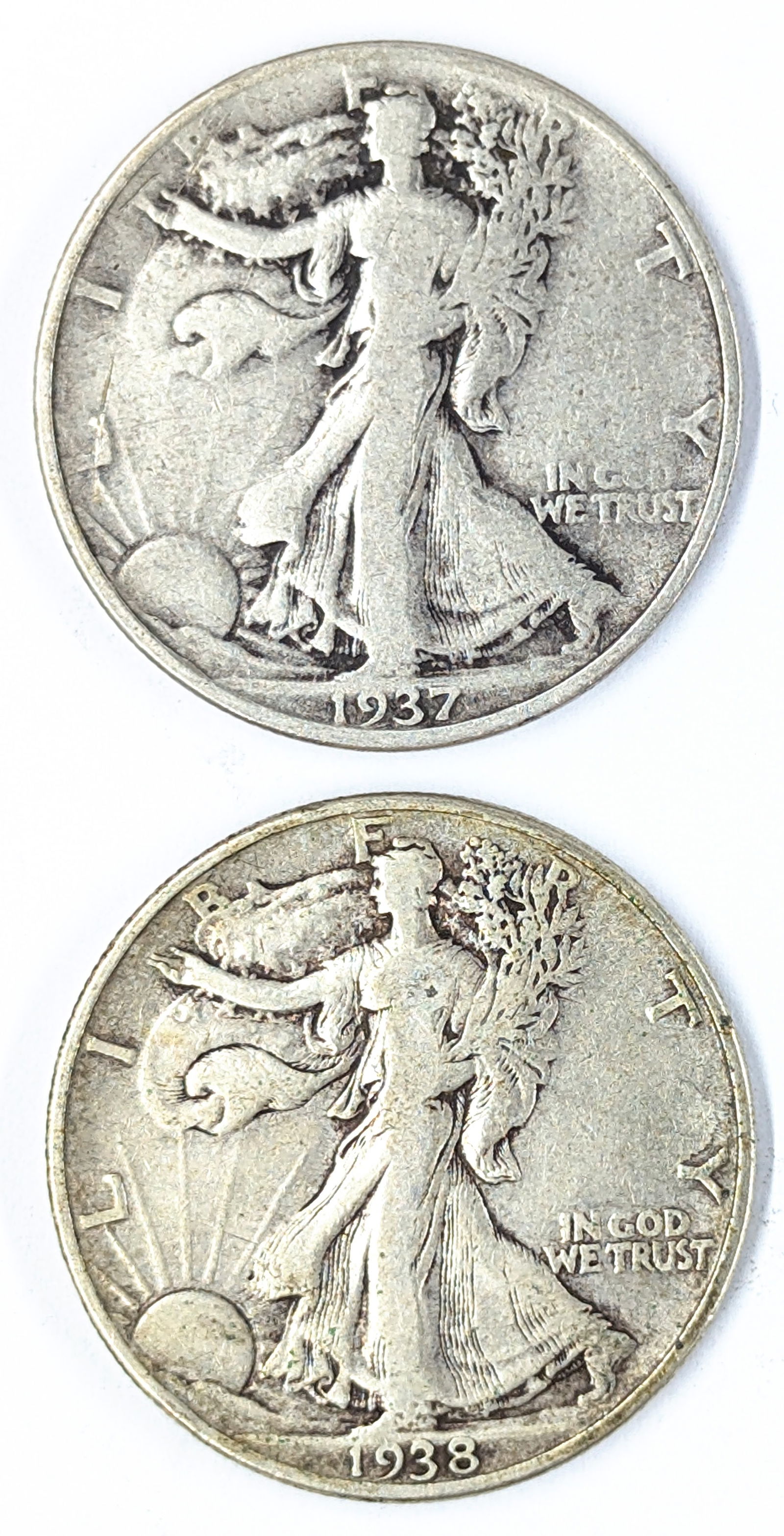 Lot of 2 Silver Walking Liberty Half Dollars - 1937, 1938: Silver 