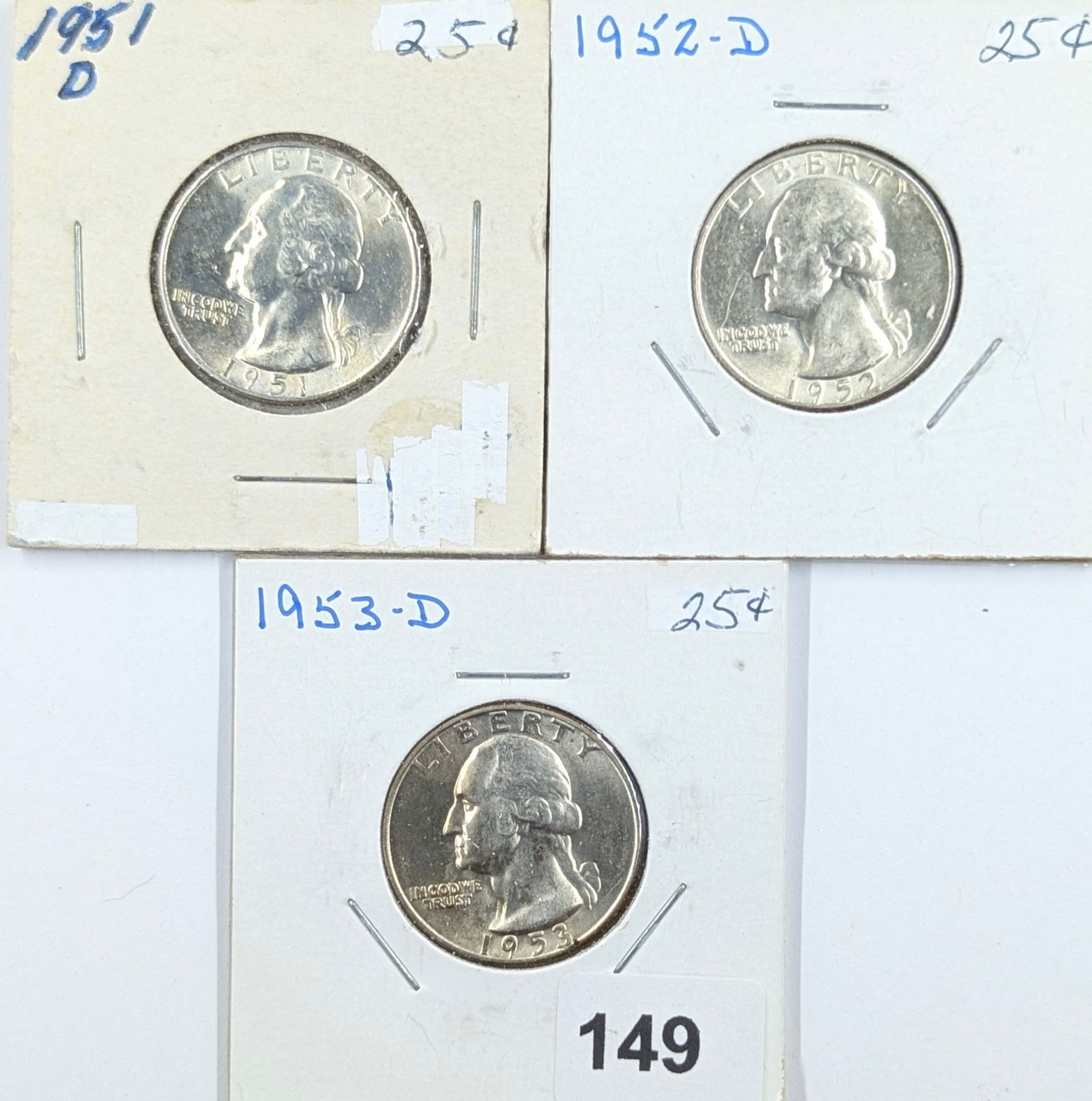 Lot of 3 Uncirculated Silver Washington Quarters - 1951-D, 1952-D, 1953-D: Silver 