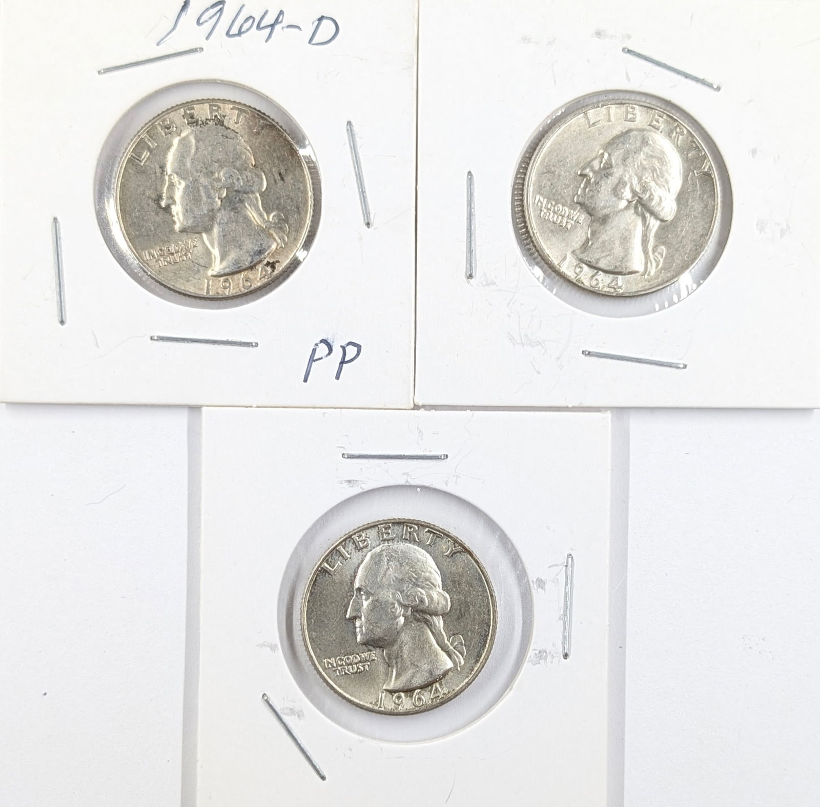 Lot of 3 Uncirculated Silver Washington Quarters - All 1964-D: Silver 