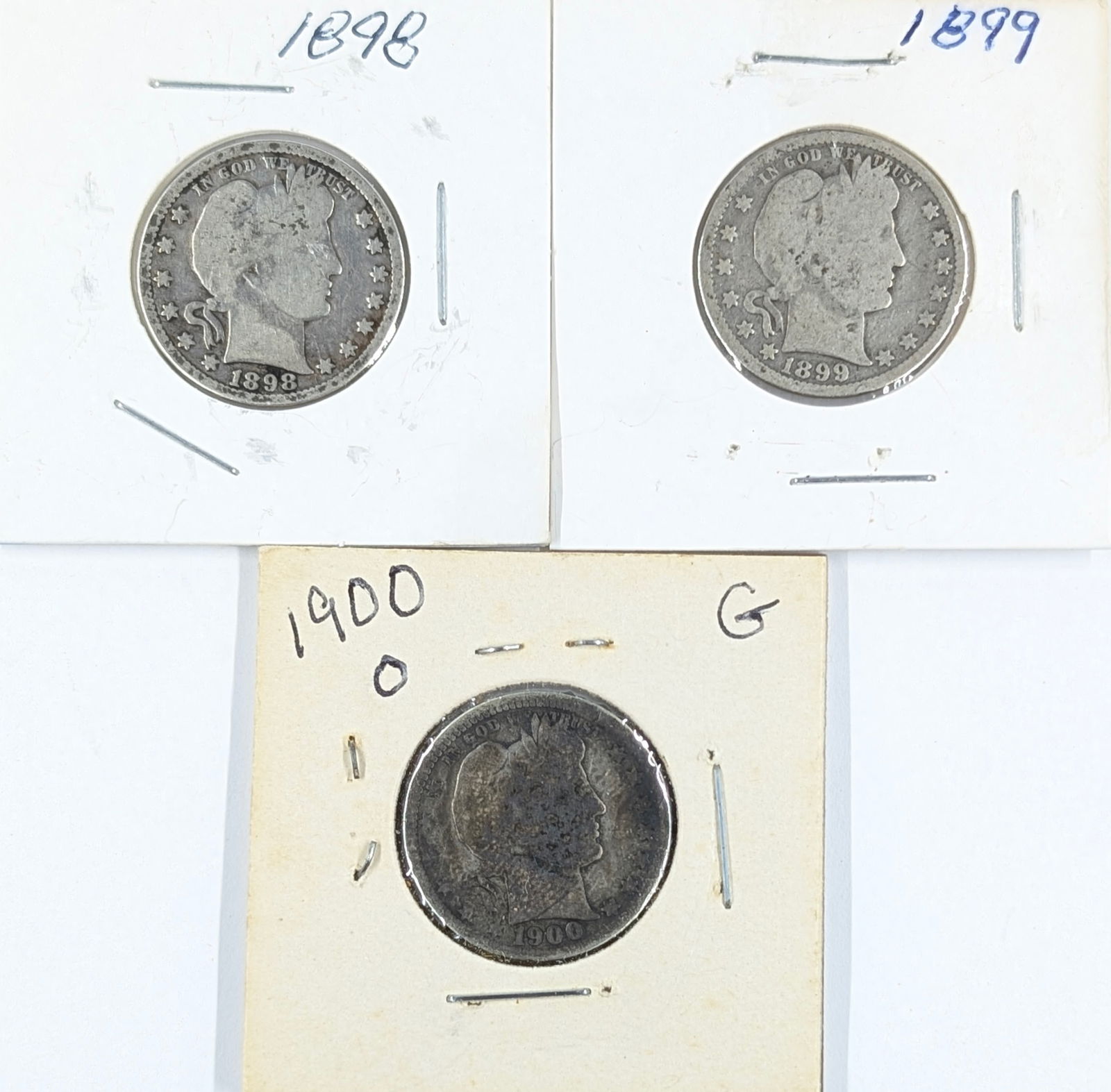 Lot of 3 Silver Barber Quarters - 1898, 1899, 1900-O: Silver 