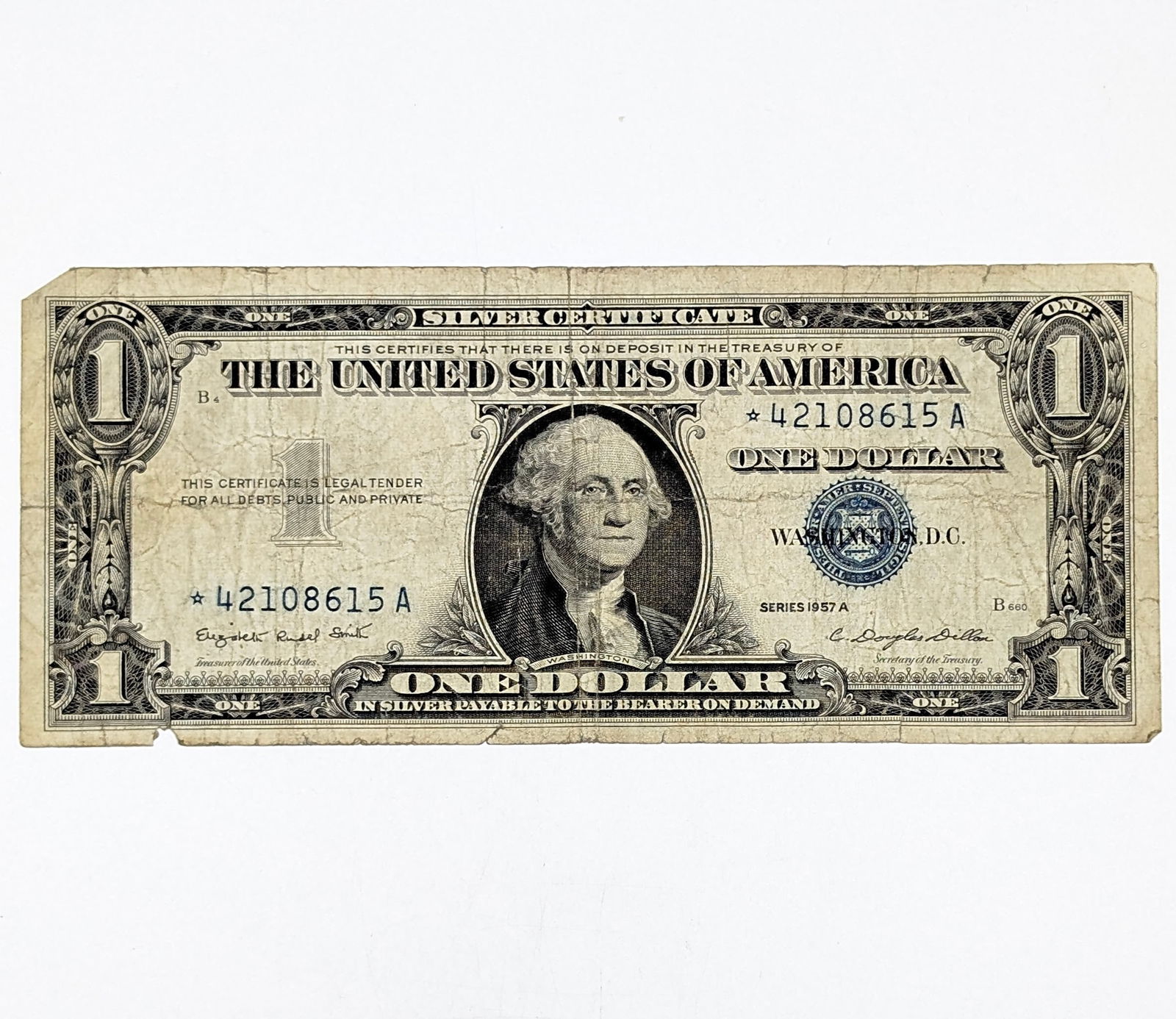 1957-A $1 Note - Silver Certificate - Star Note: Heavily Circulated Condition 