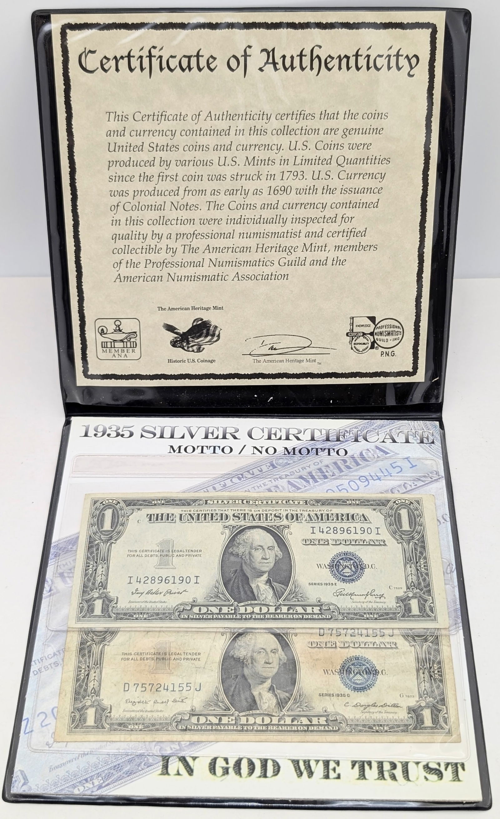 Lot of 2 - 1935 E/G $1 Notes - Silver Certificates w/ COA - Motto/No Motto: Currency 