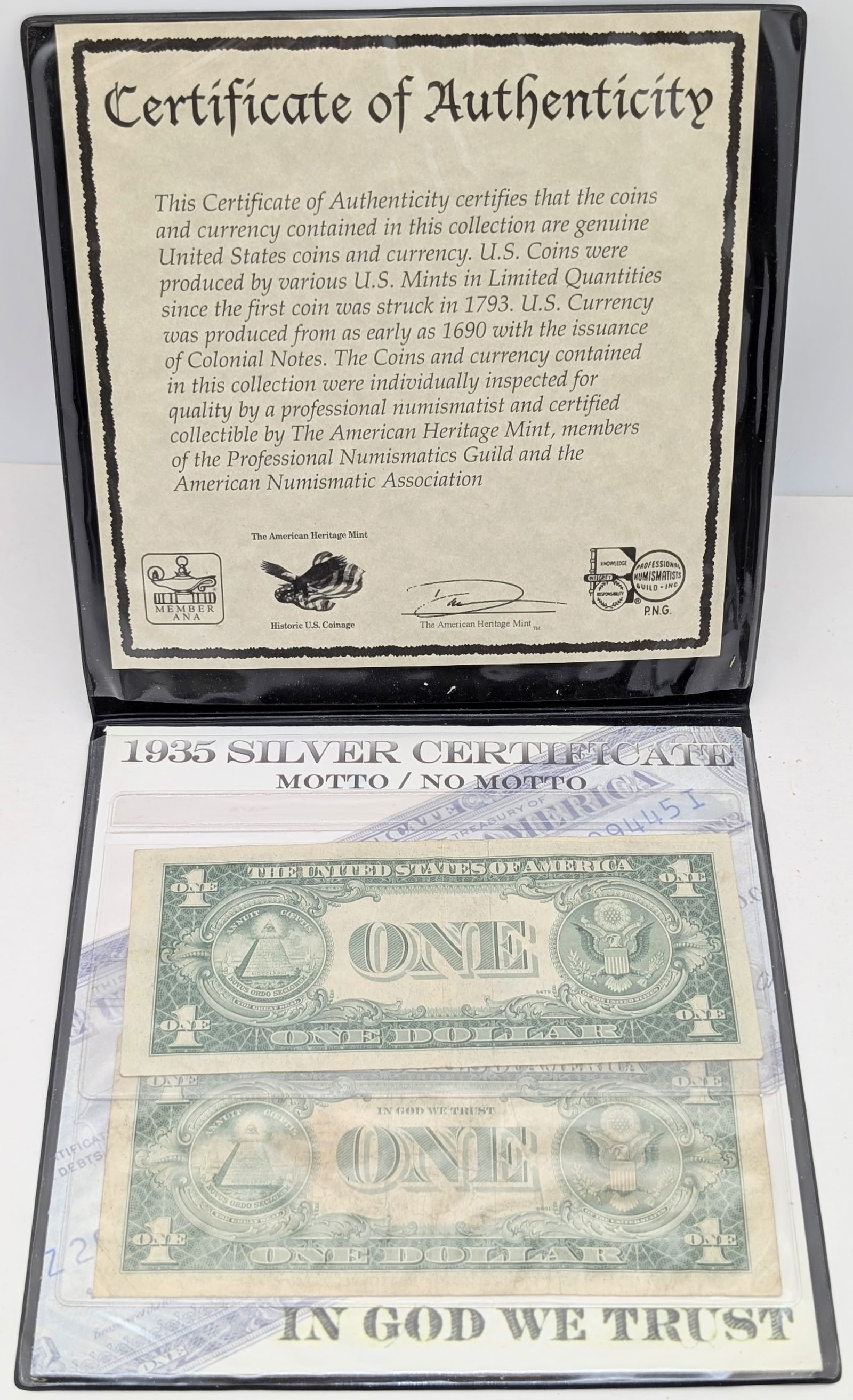 Lot of 2 - 1935 E/G $1 Notes - Silver Certificates w/ COA - Motto/No Motto - 2