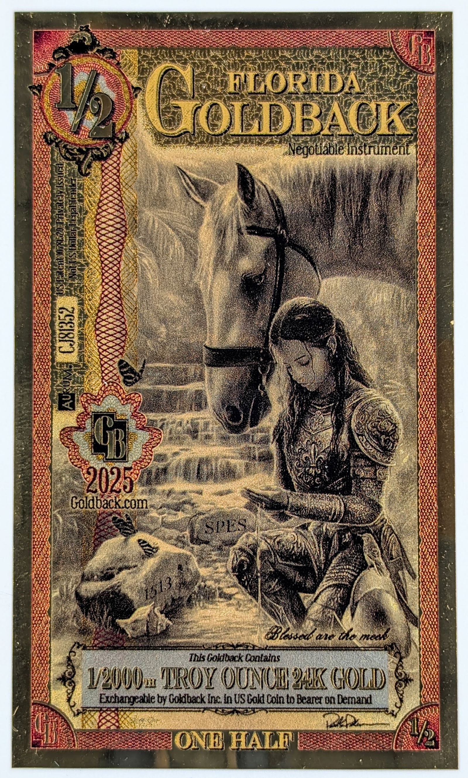 2025 1/2 Florida Goldback 1/2000th Troy Ounce 24K Gold: Goldback 