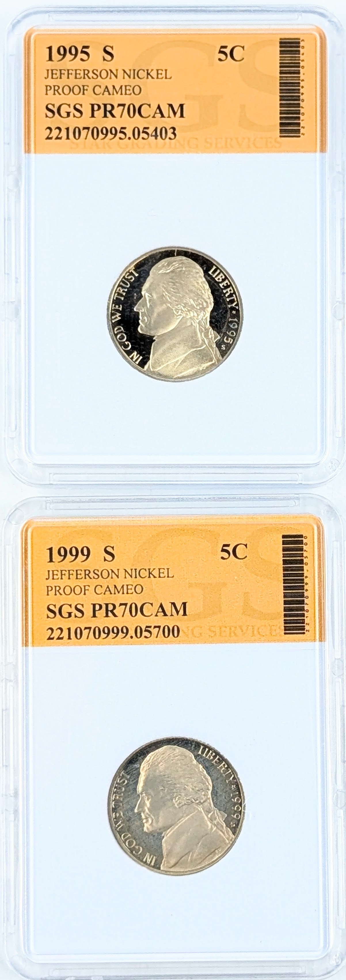 Lot of 2 SGS PR70 CAM Jefferson Nickels - 1995-S, 1999-S: Coin 