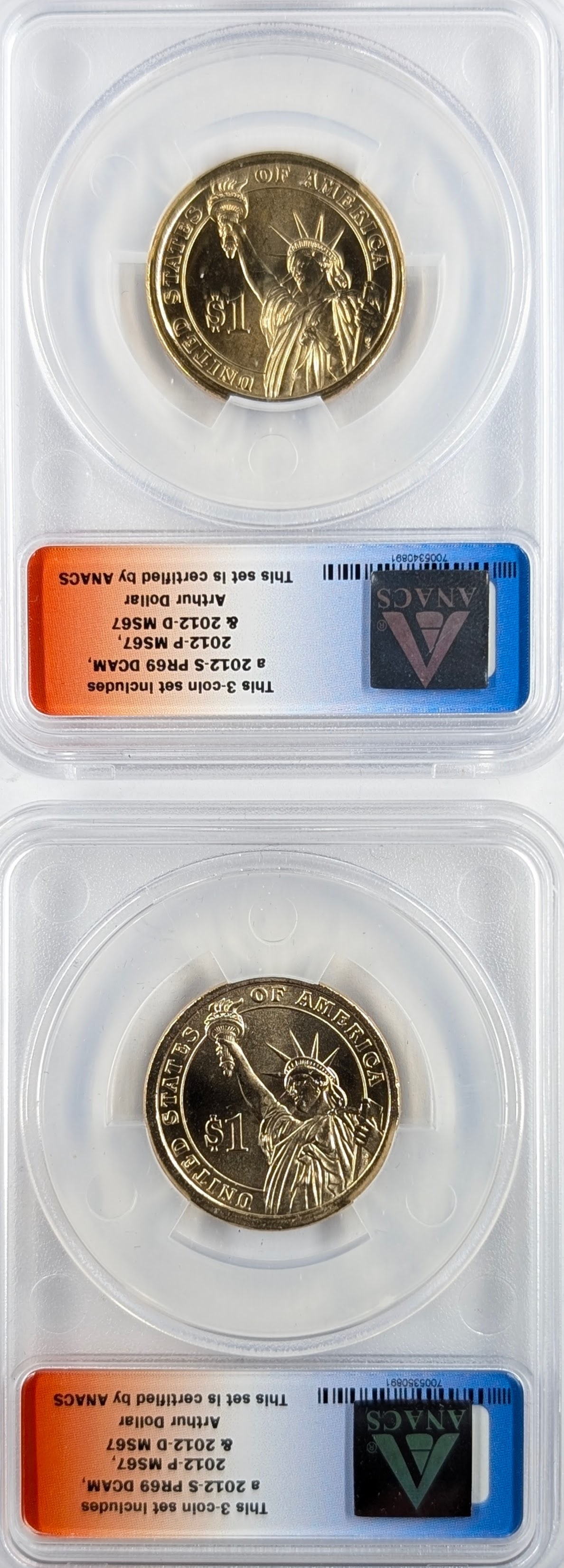 Lot of 2 ANACS 2012 D/P MS67 Arthur Presidential Dollars - First Day of Issue - 2