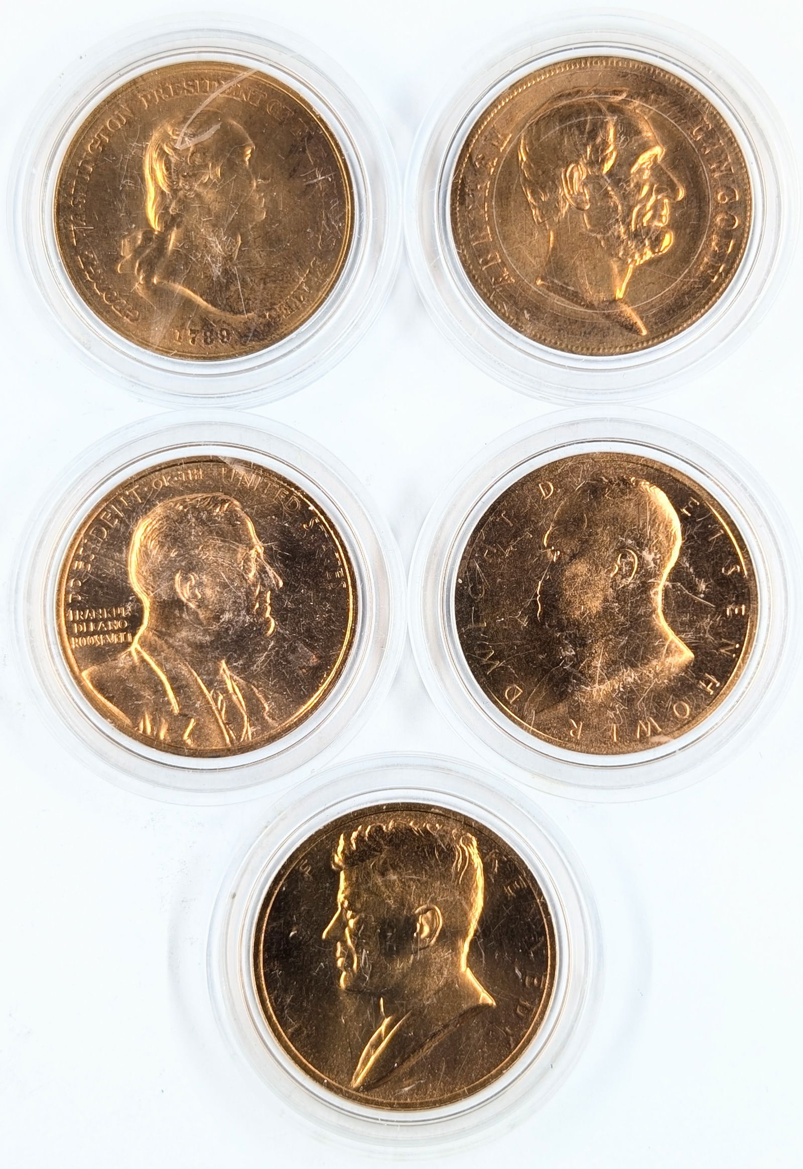 Lot of 5 Presidential Tokens - Washington, Lincoln, Roosevelt, Eisenhower, JFK: Commemorative 