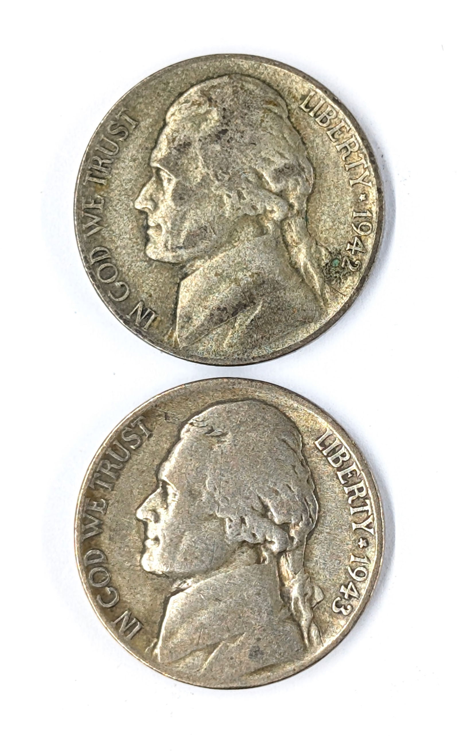 Lot of 2 Silver War Nickels - 1942-P, 1943-P: 35% Silver 