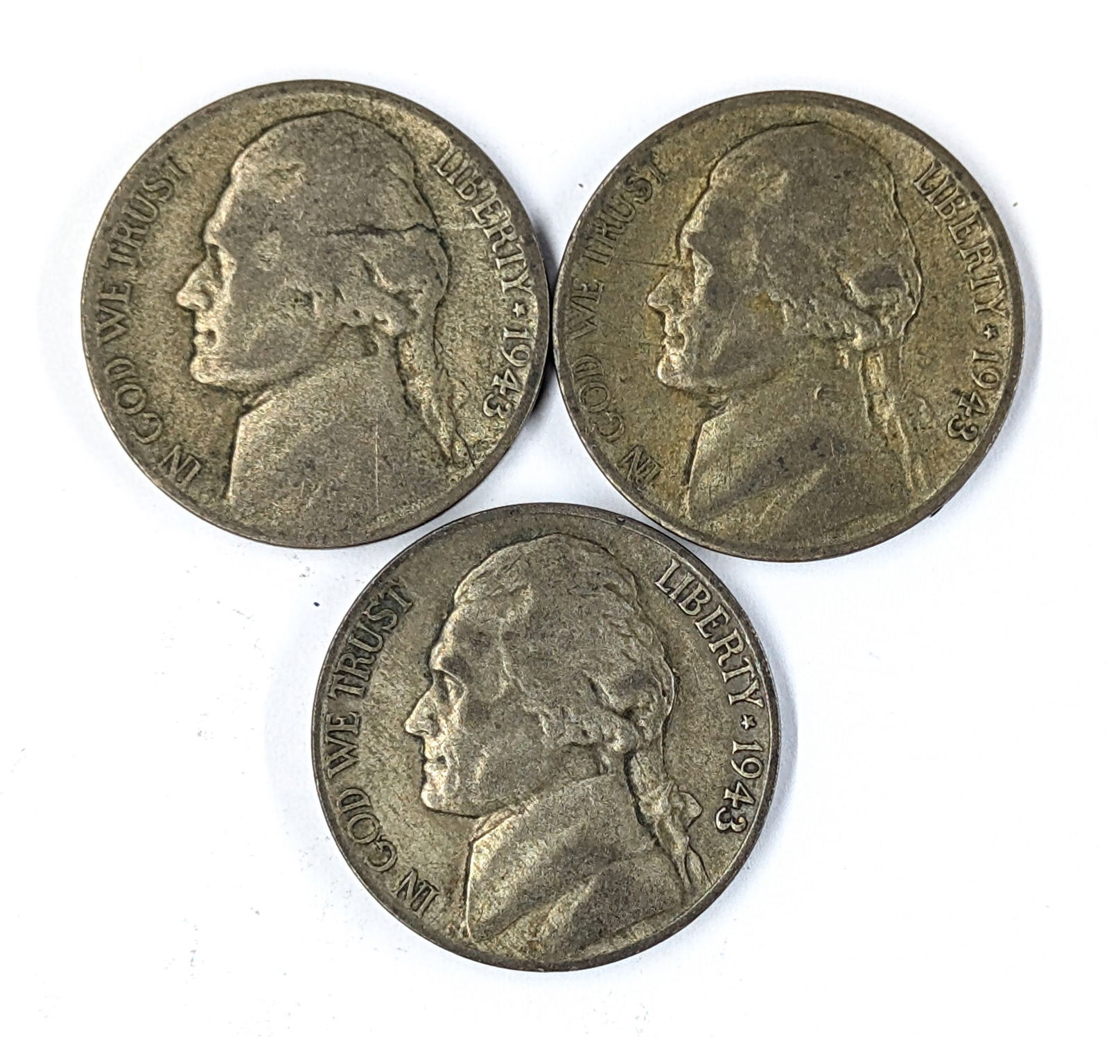 Lot of 3 Silver War Nickels - 1943 P/D/S: 35% Silver 