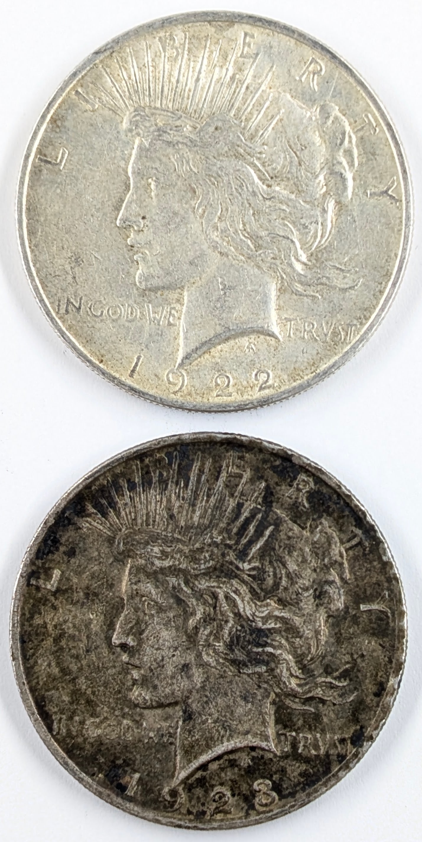 Lot of 2 Silver Peace Dollars - 1922, 1923: Silver
