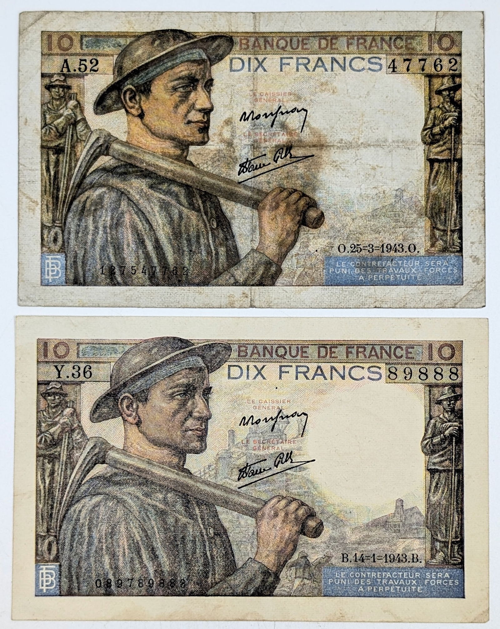 Lot of 2 Uncirculated 1943 France 10 Francs: Currency 