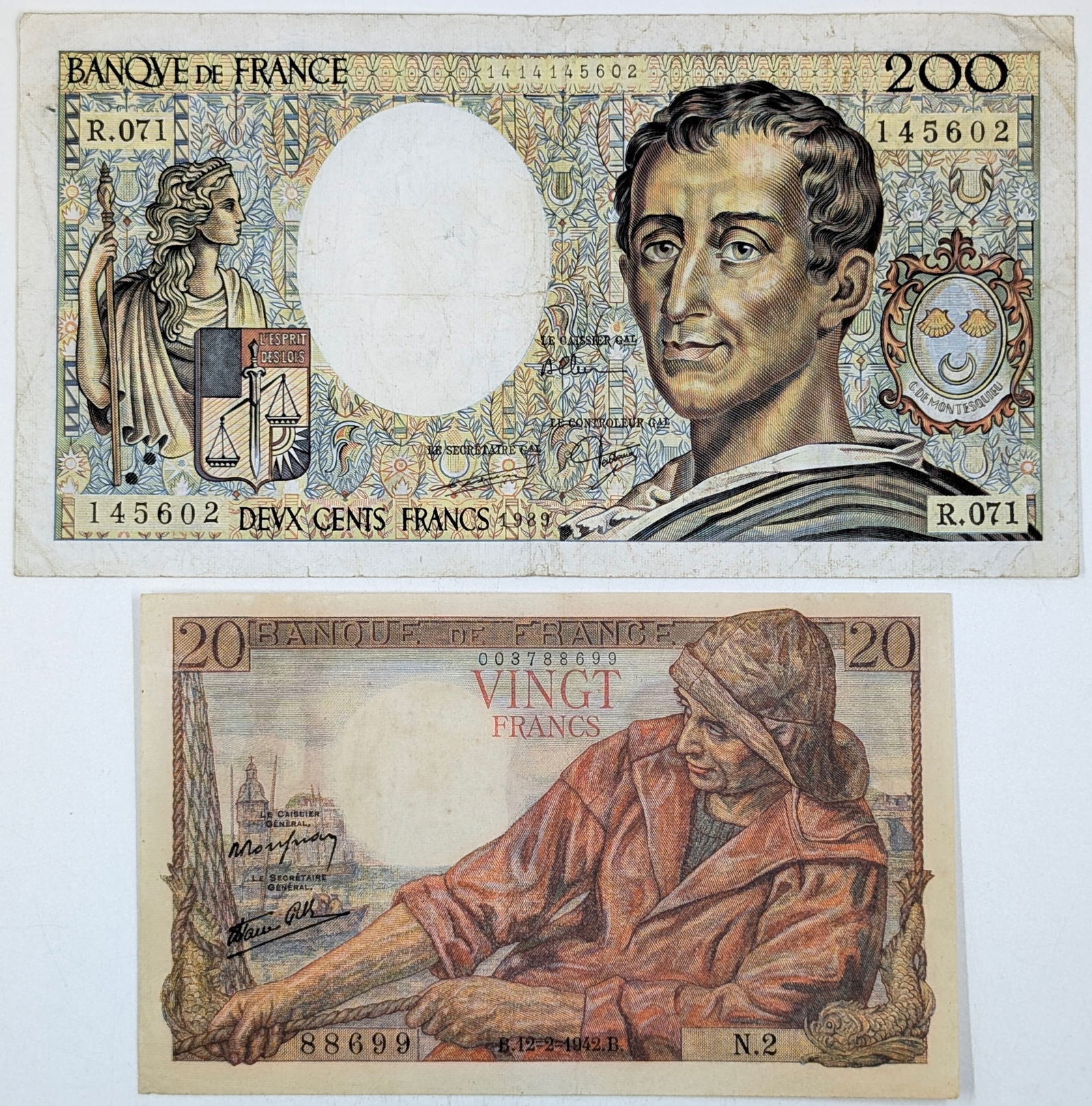 Lot of 2 Uncirculated France Notes - 1942 $20 & 1989 $200: Currency 