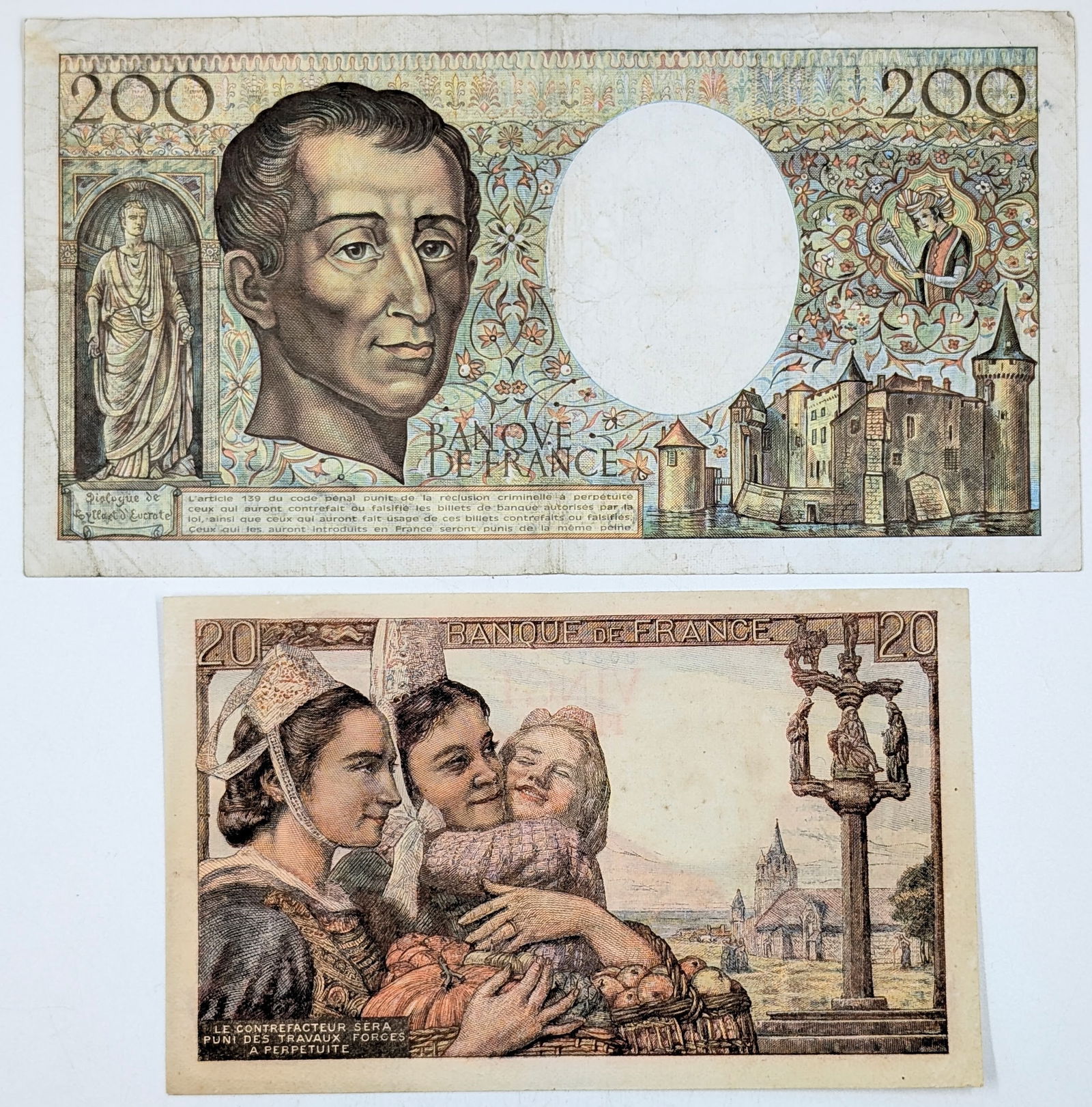 Lot of 2 Uncirculated France Notes - 1942 $20 & 1989 $200 - 2