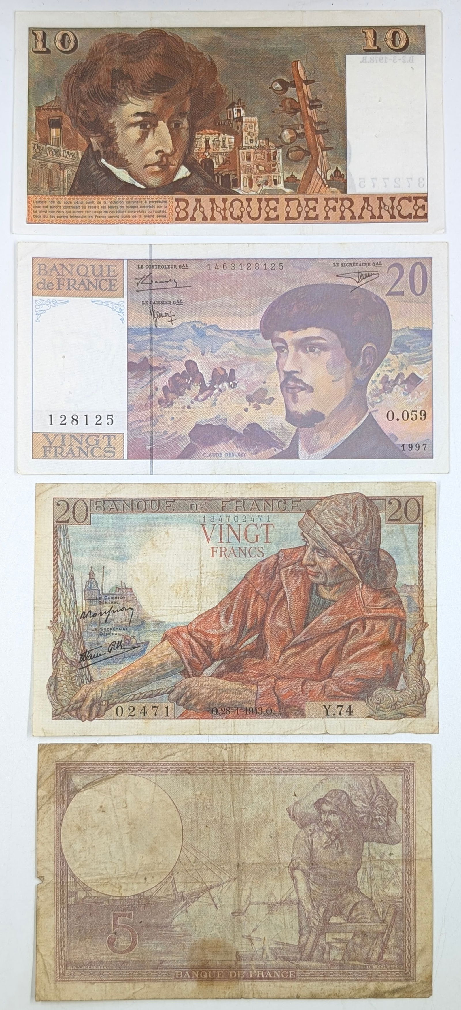 Lot of 4 France Notes - $5, 10, 20(2): Currency 