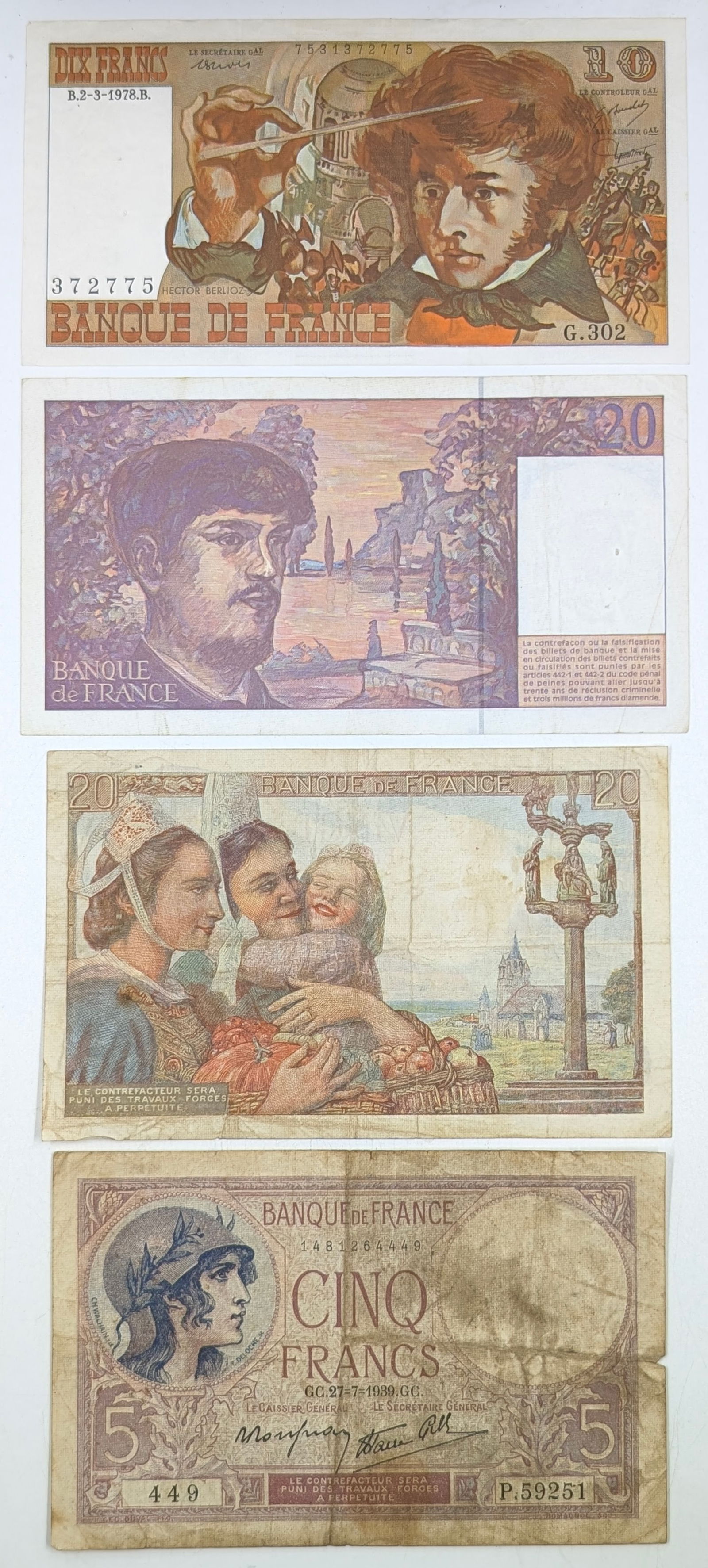 Lot of 4 France Notes - $5, 10, 20(2) - 2