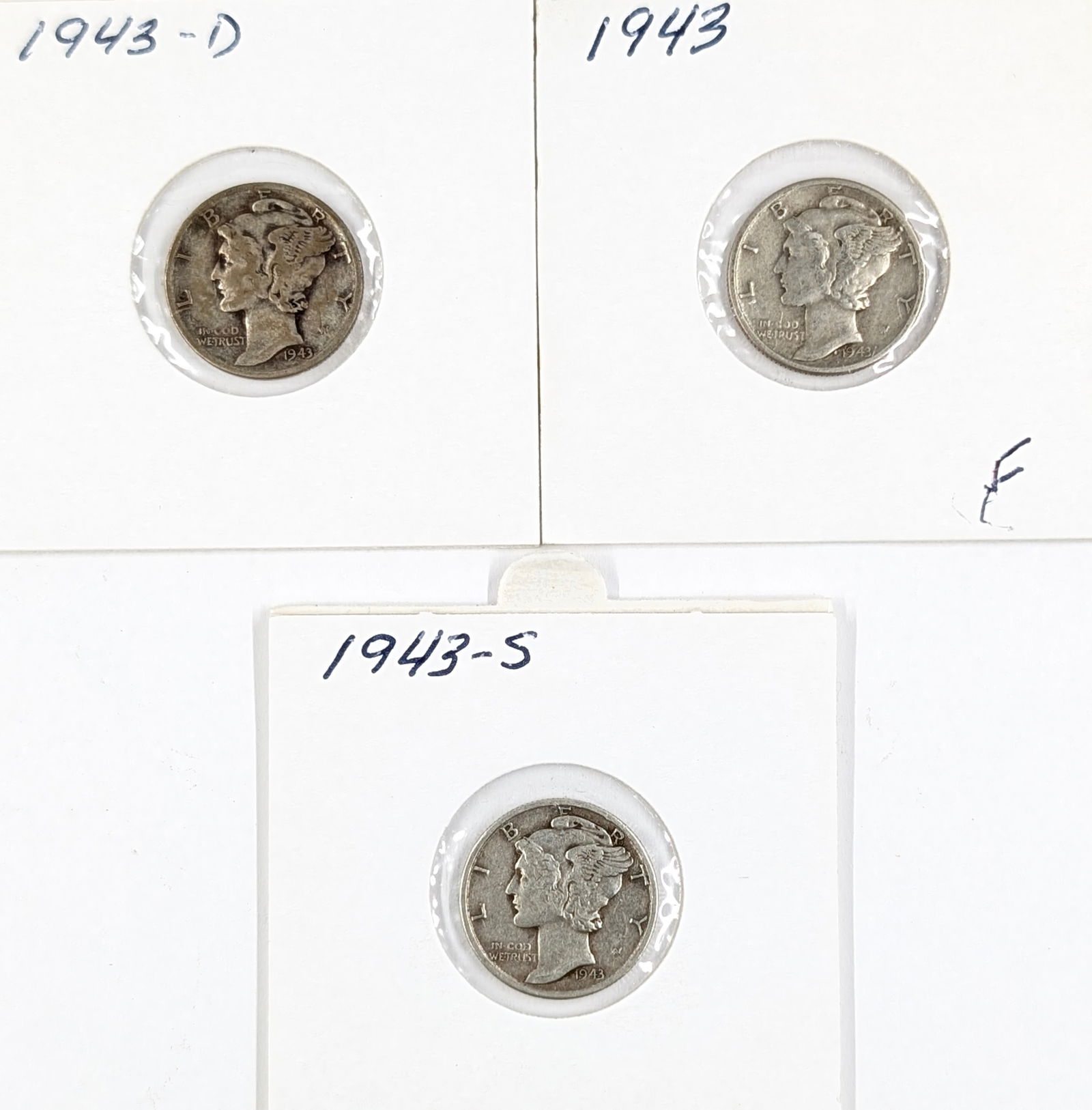 Lot of 3 Silver Mercury Dimes - 1943 P/D/S: Silver