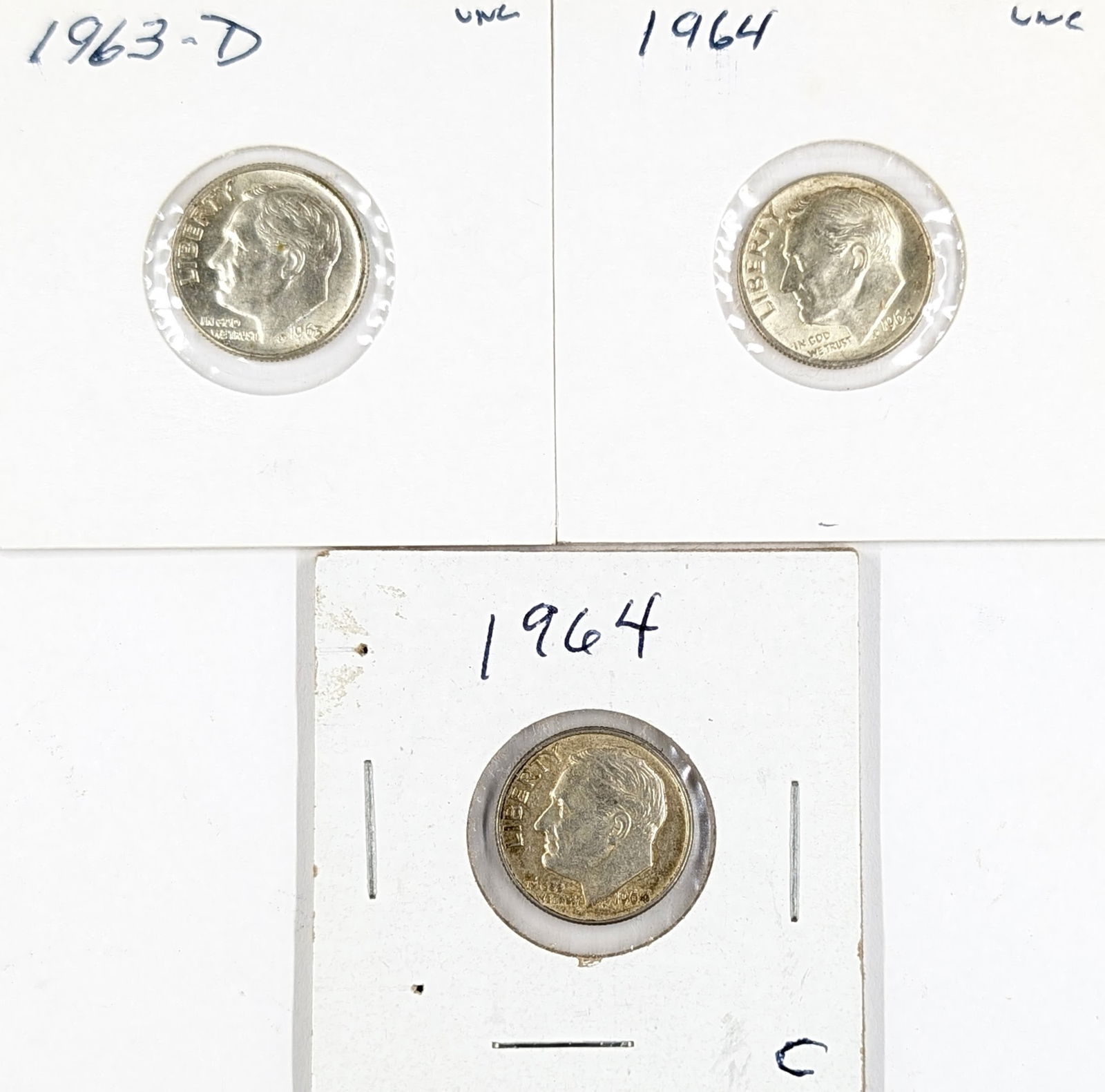 Lot of 3 Silver Roosevelt Dimes - 1963-D, 1964(2) - 2 Uncirculated: Silver 
