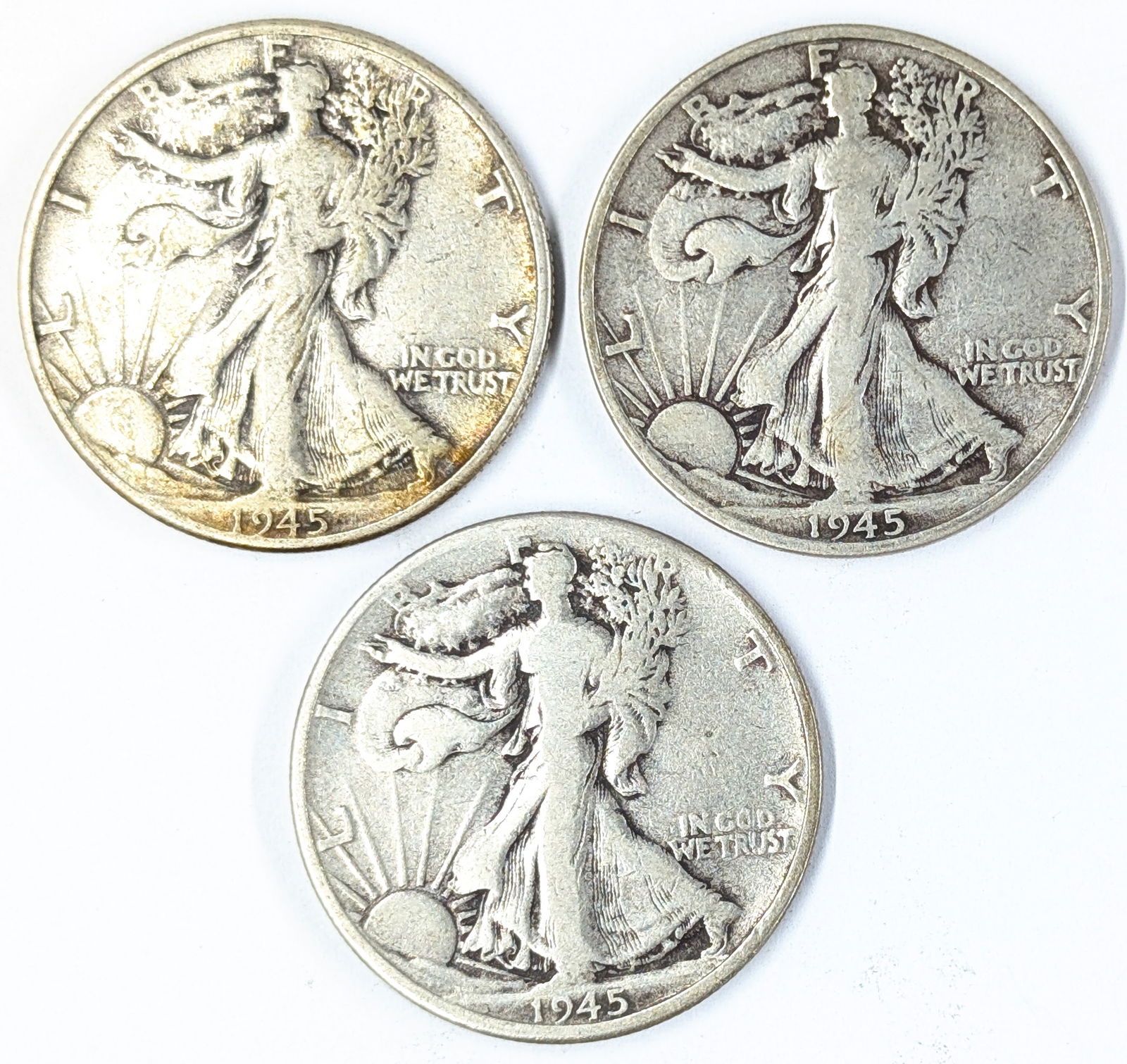 Lot of 3 Silver Walking Liberty Half Dollars - 1945 P/D/S: Silver 