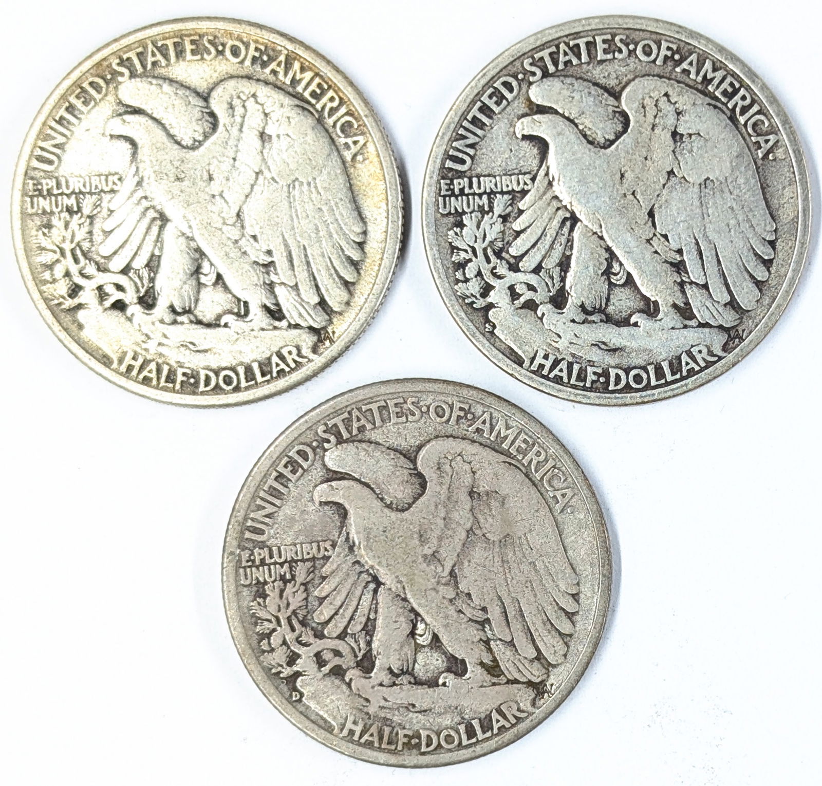 Lot of 3 Silver Walking Liberty Half Dollars - 1945 P/D/S - 2