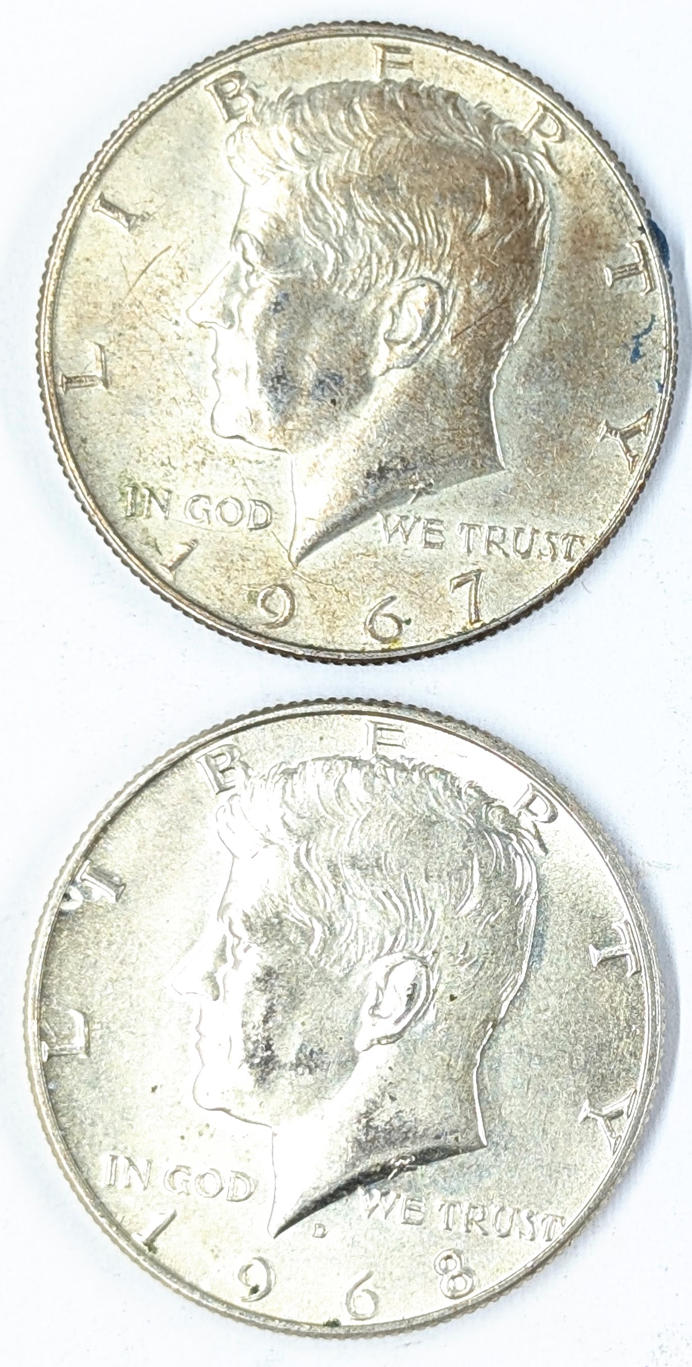 Lot of 2 Silver John F Kennedy Half Dollars - 1967, 1968-D: 40% Silver 