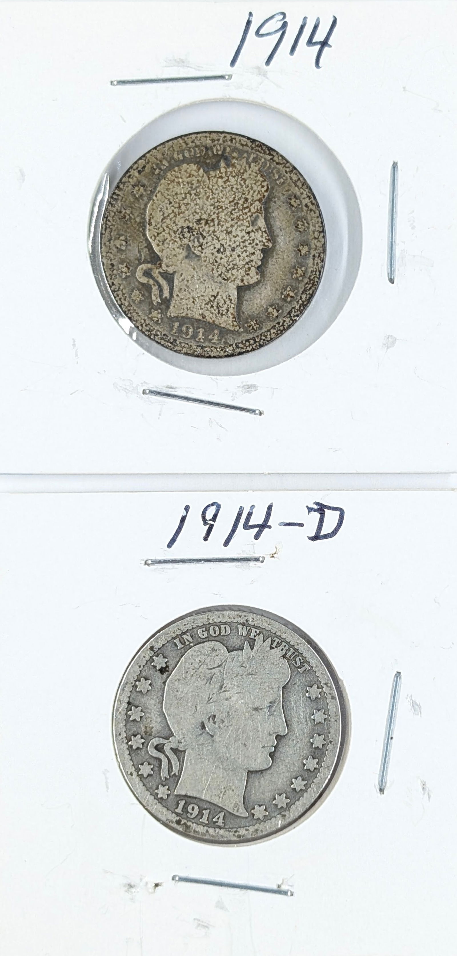 Lot of 2 Silver Barber Quarters - 1914 P/D: Silver 