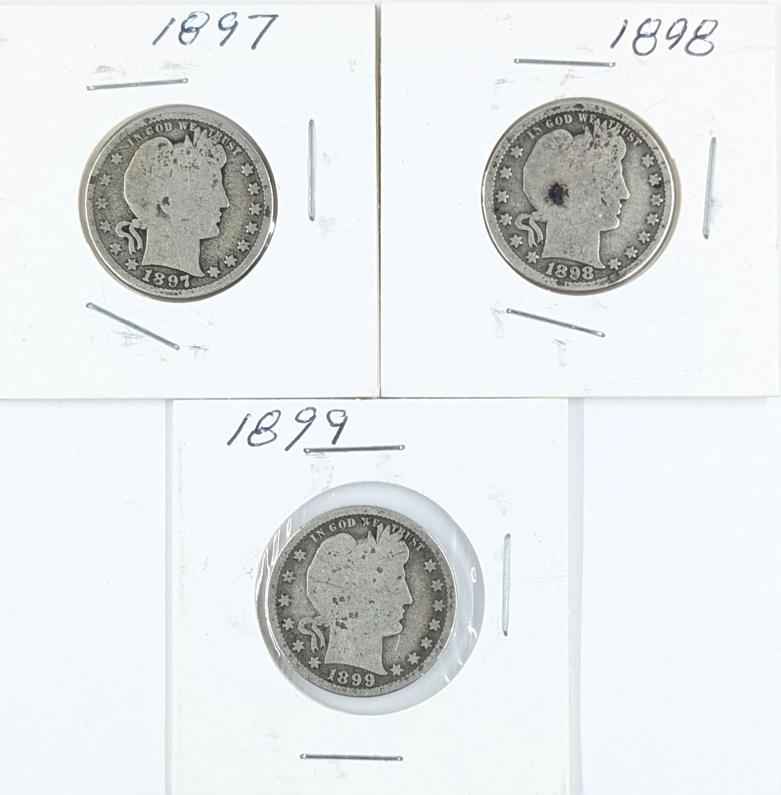 Lot of 3 Silver Barber Quarters - 1897, 1898, 1899: Silver 