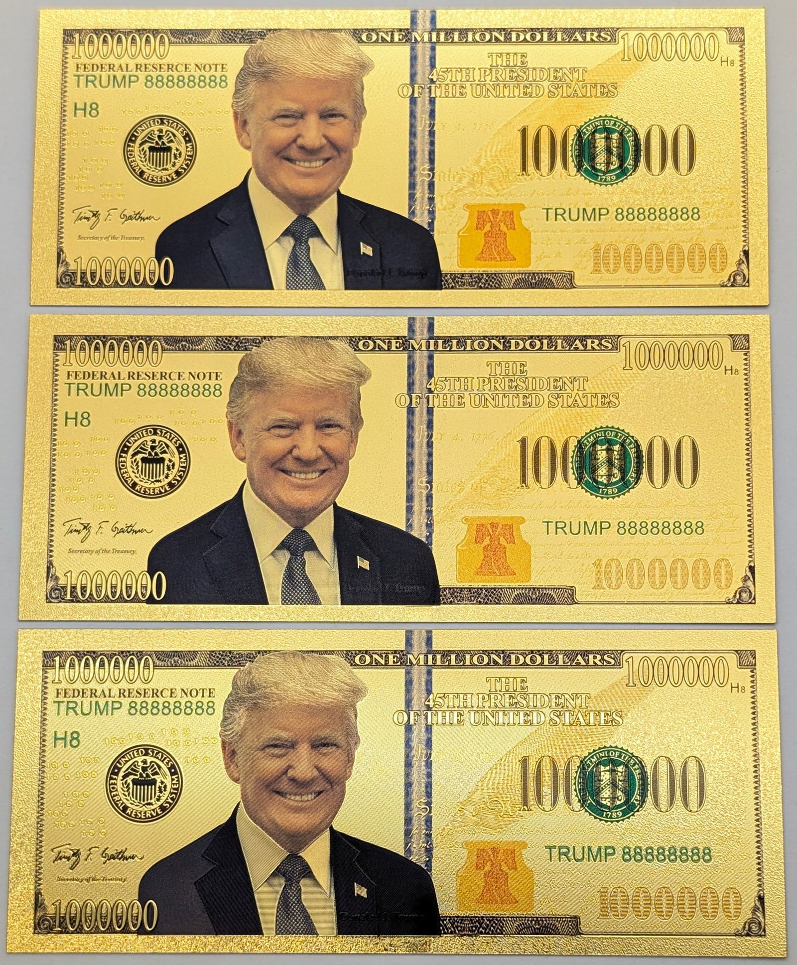 Lot of 3 Trump Gold foil $1,000,000 design: Gold foil 