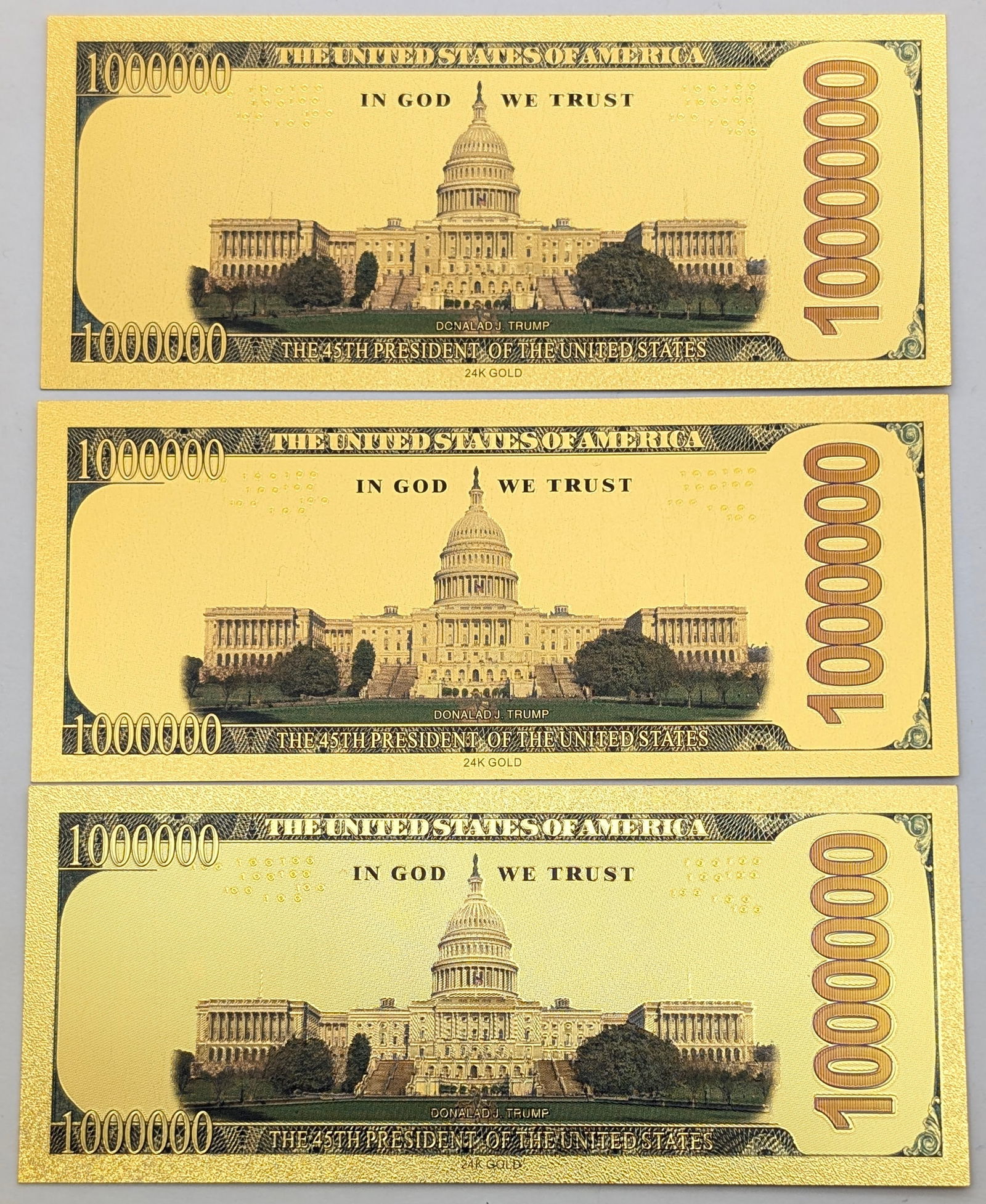 Lot of 3 Trump Gold foil $1,000,000 design - 2