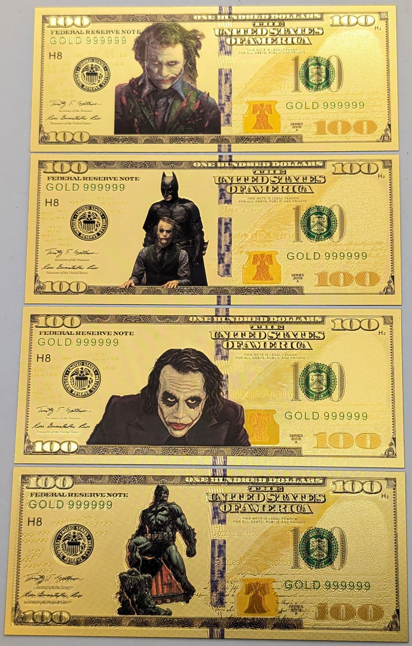 Lot of 4 Batman & Joker Gold foil $100 design: Gold foil 