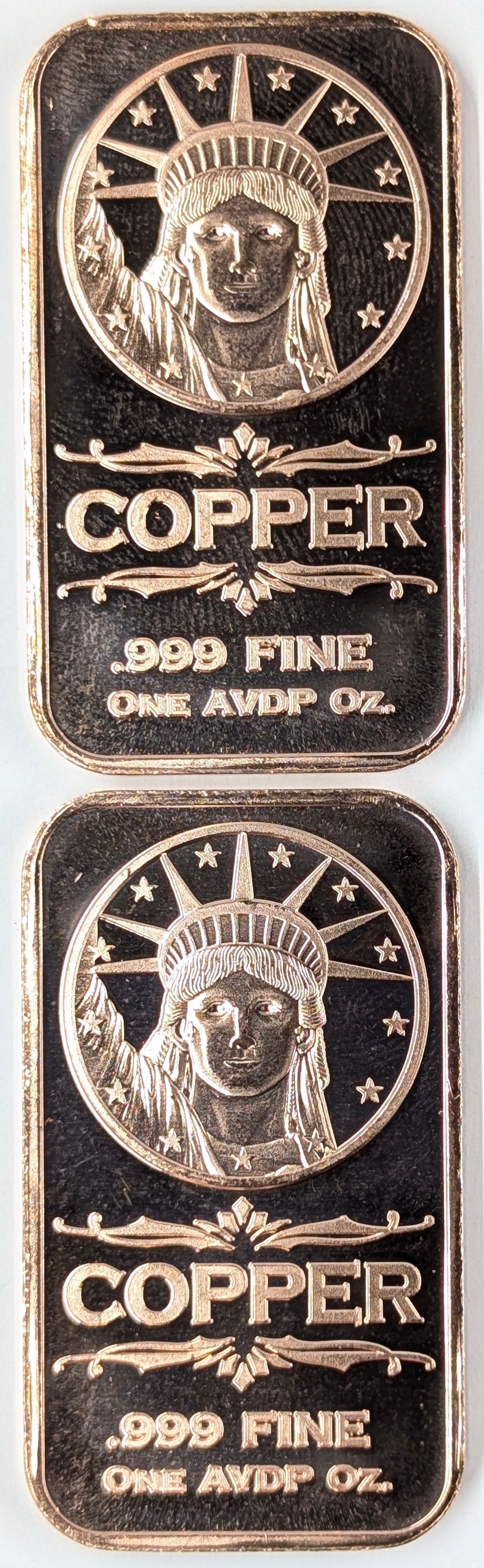 Lot of 2 - 1 Ounce (each) Fine .999 Copper Bars - Liberty: Copper
