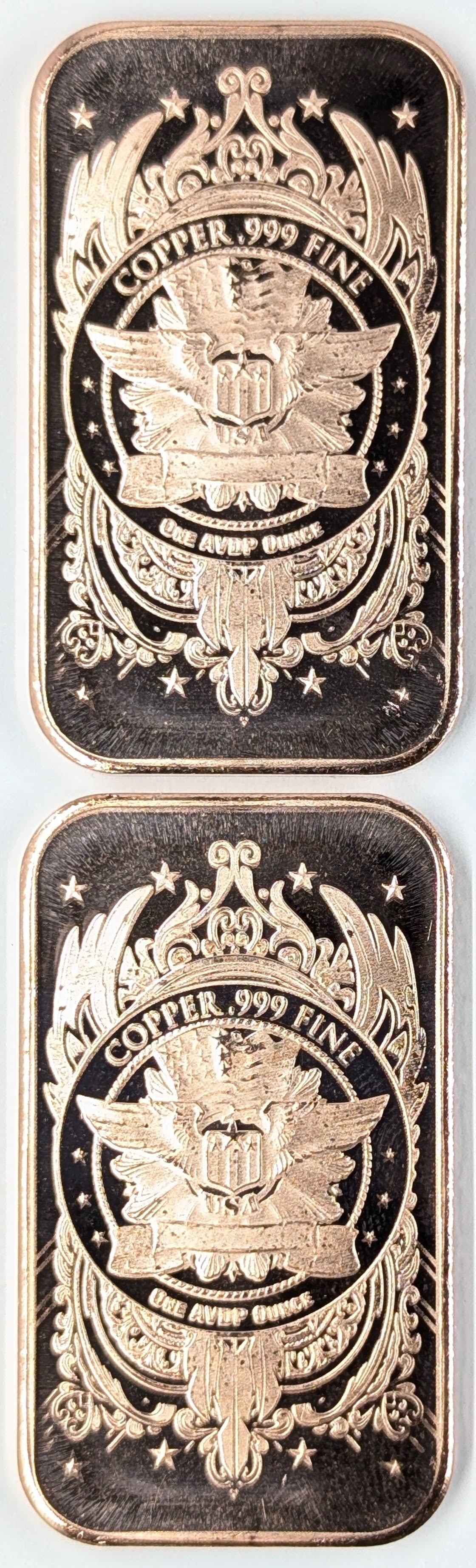 Lot of 2 - 1 Ounce (each) Fine .999 Copper Bars - Liberty - 2