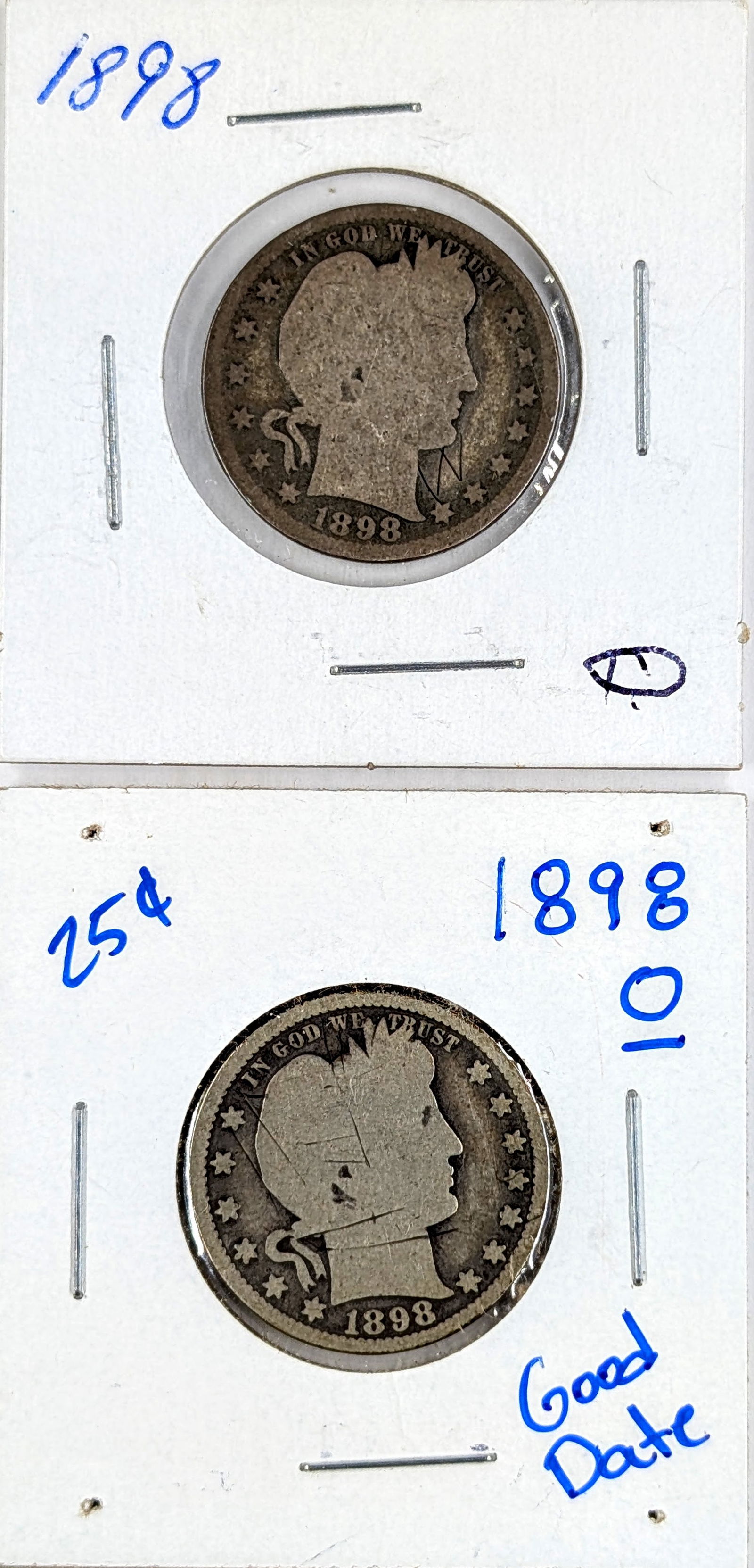 Lot of 2 Silver Barber Quarters- 1898 P&O: _ 