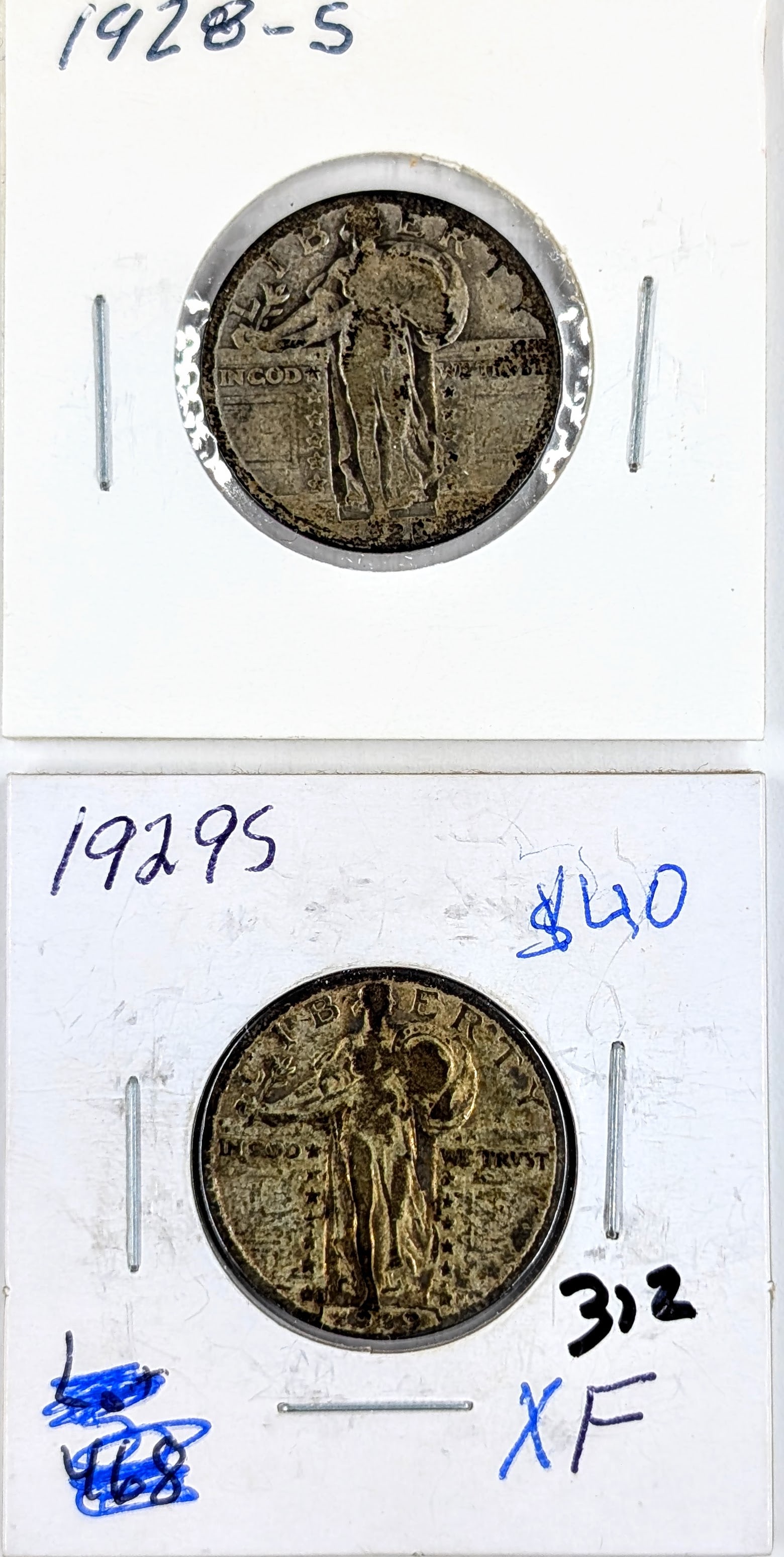 Lot of 2 Silver Standing Liberty Quarters- 1928-S, 1929-S: _ 