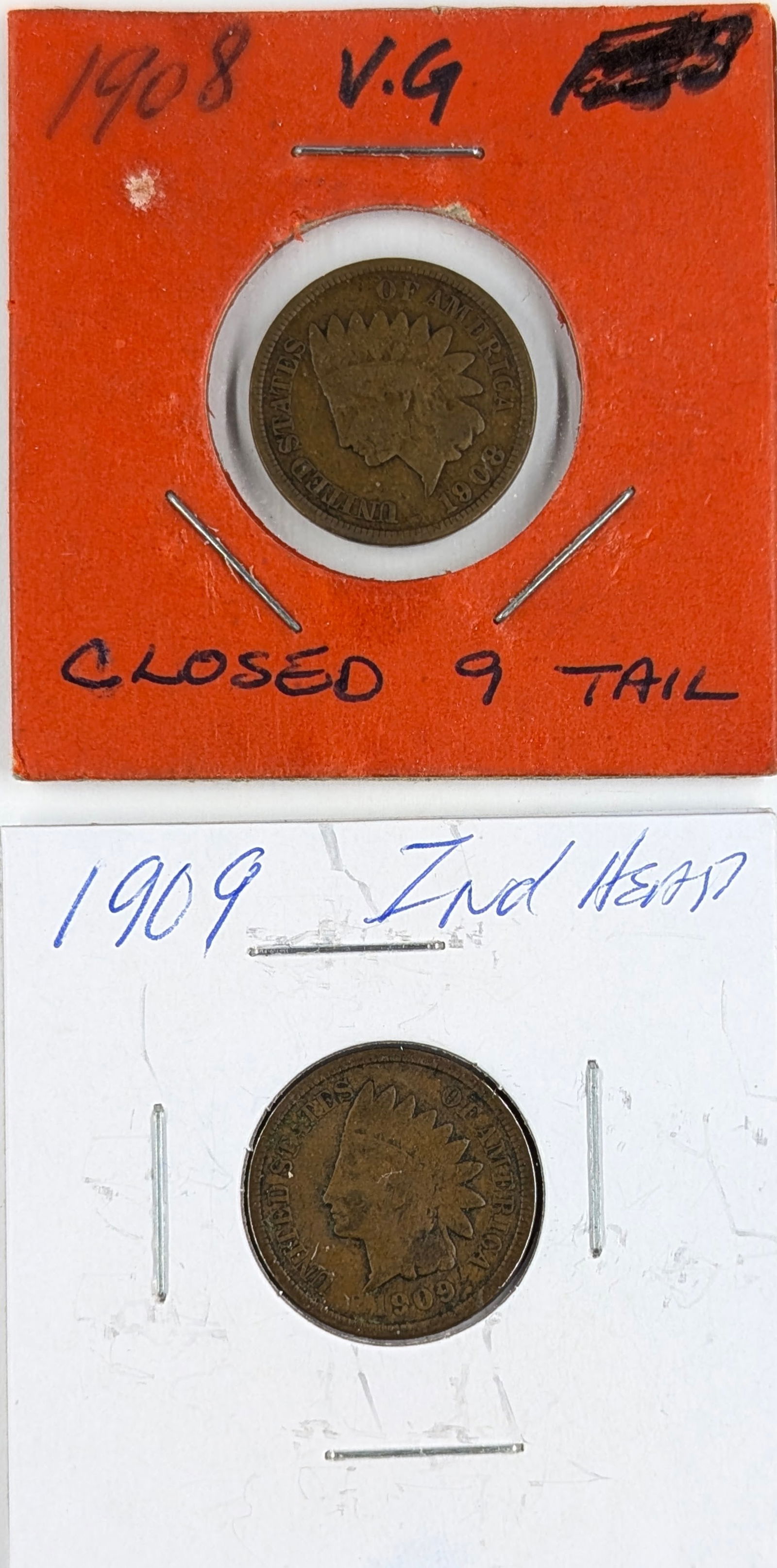 Lot of 2 Indian Head Cents- 1908, 1909: _ 