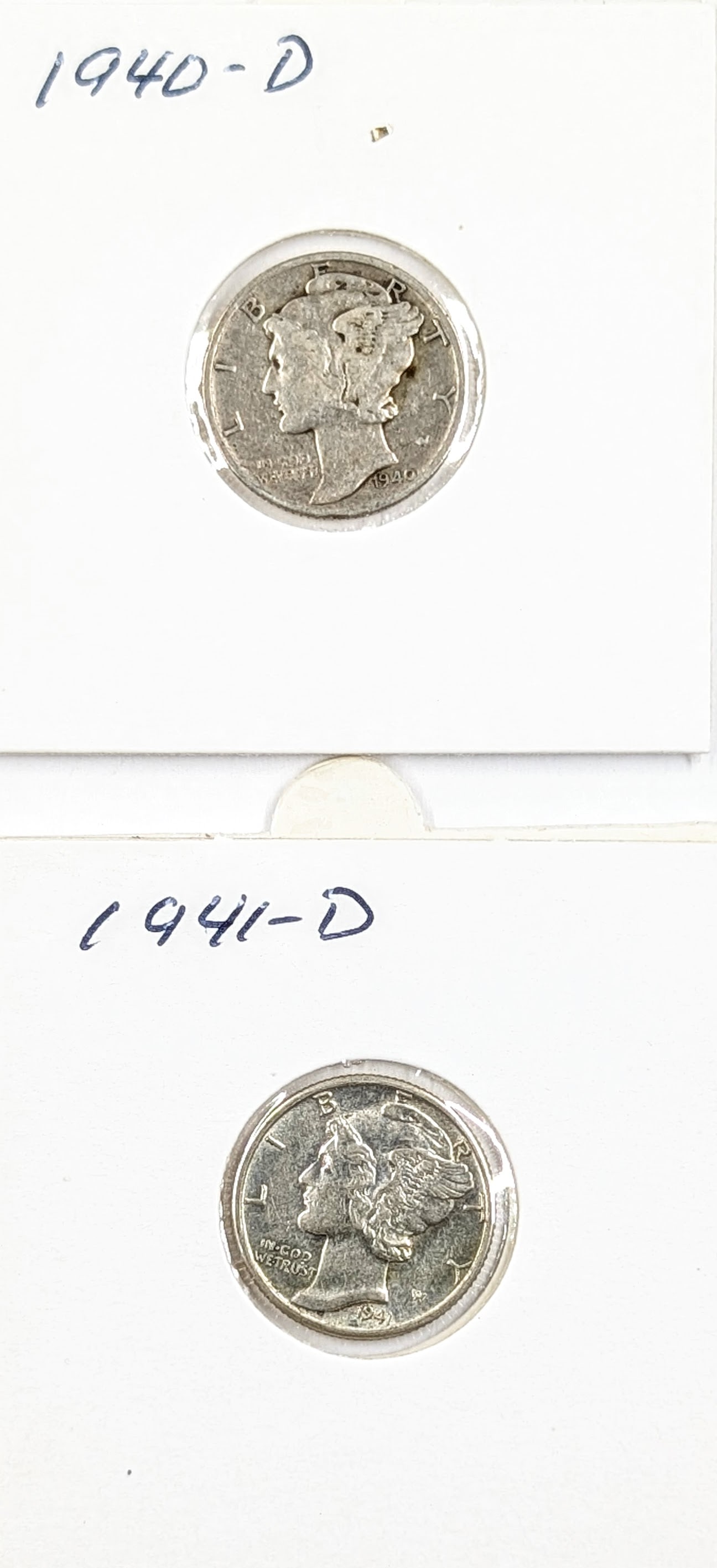 Lot of 2 Silver Mercury Dimes- 1940-D, 1941-D: _ 