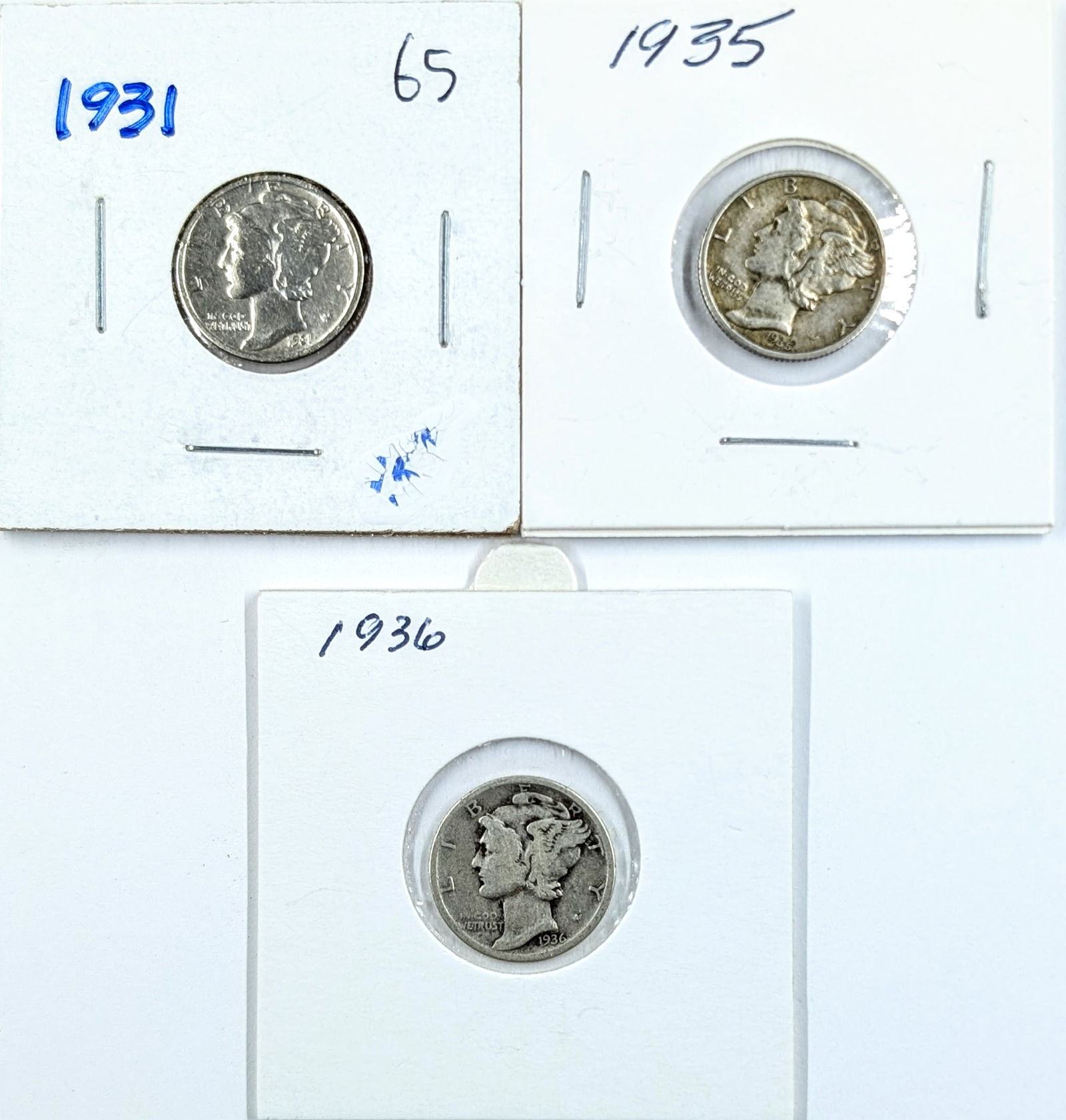 Lot of 3 Silver Mercury Dimes- 1931, 1935, 1936 (1 of 2)