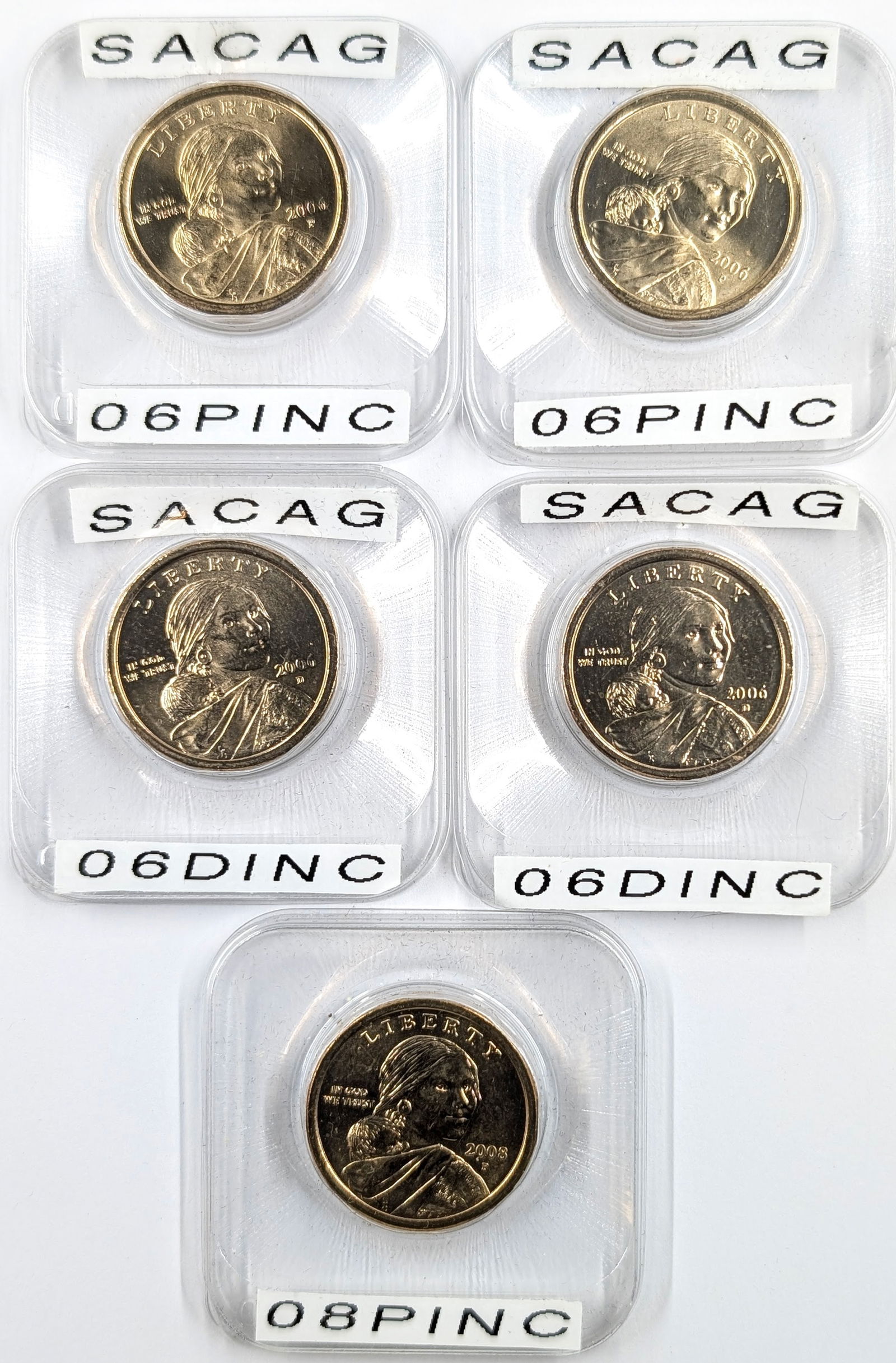 Lot of 5 Sacagawea Dollar Coins- 2006-2008- Uncirculated: _ 