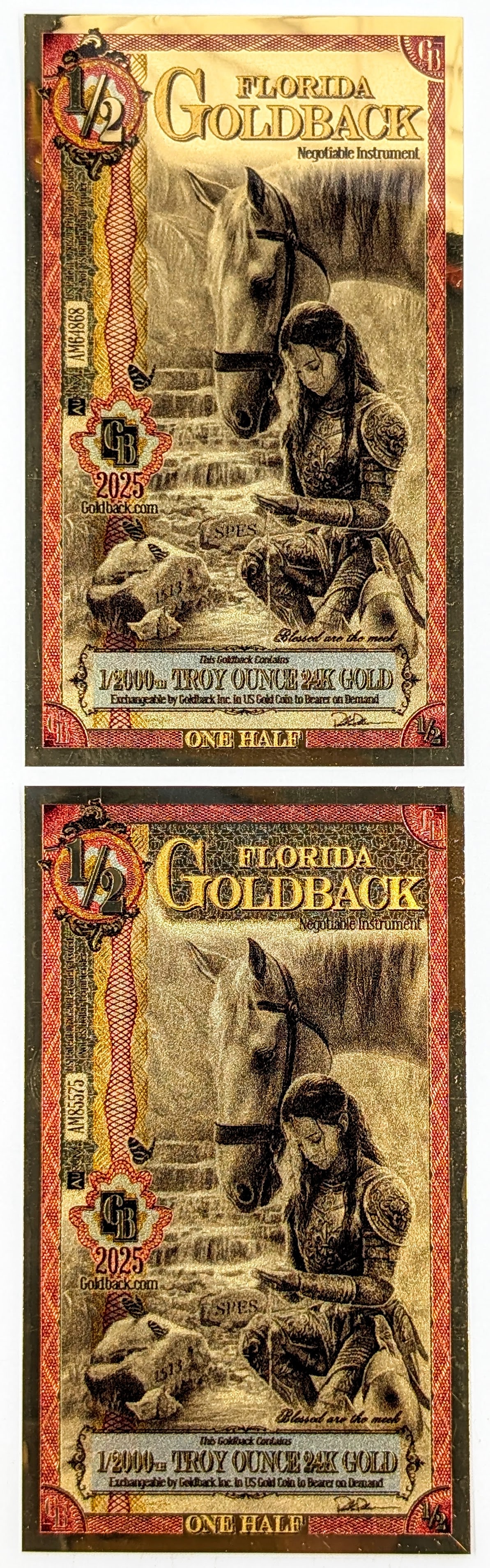 Lot of 2- 2025 1/2 Florida Goldbacks 1/2000th Troy Ounce 24K Gold (1 of 2)