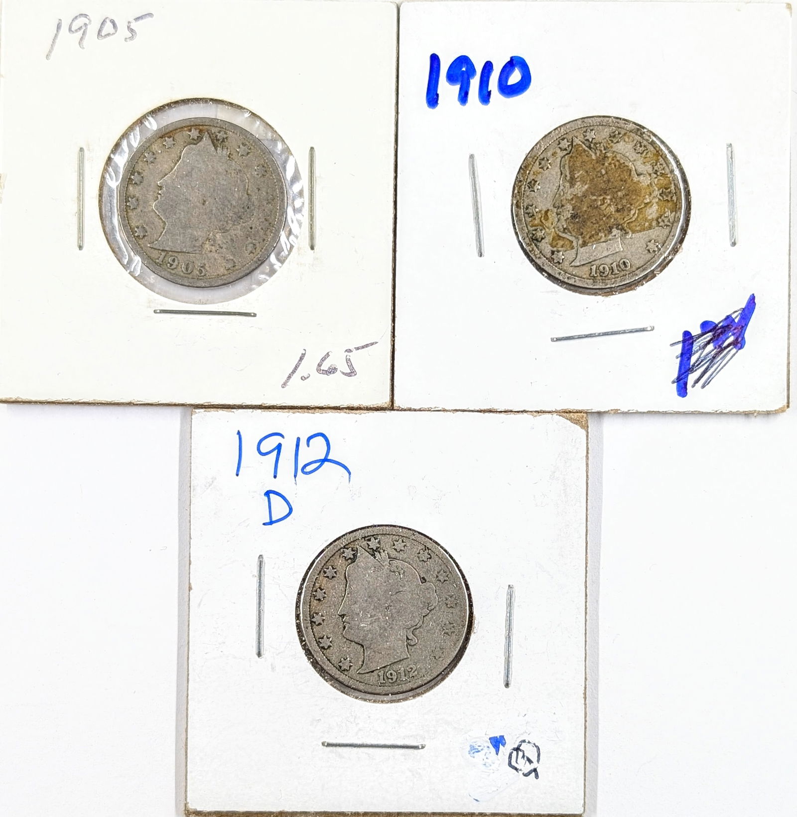 Lot of 3 Liberty V Nickels- 1905, 1910, 1912-D (1 of 2)