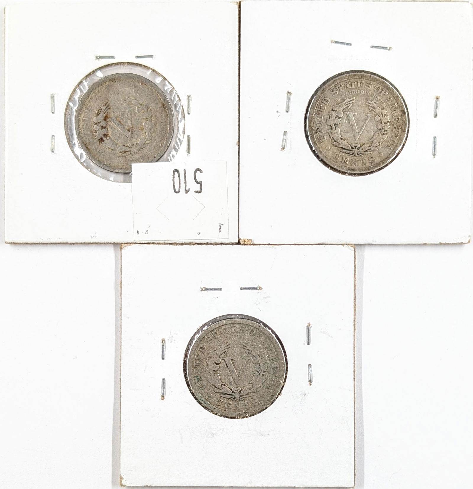 Lot of 3 Liberty V Nickels- 1905, 1910, 1912-D - 2
