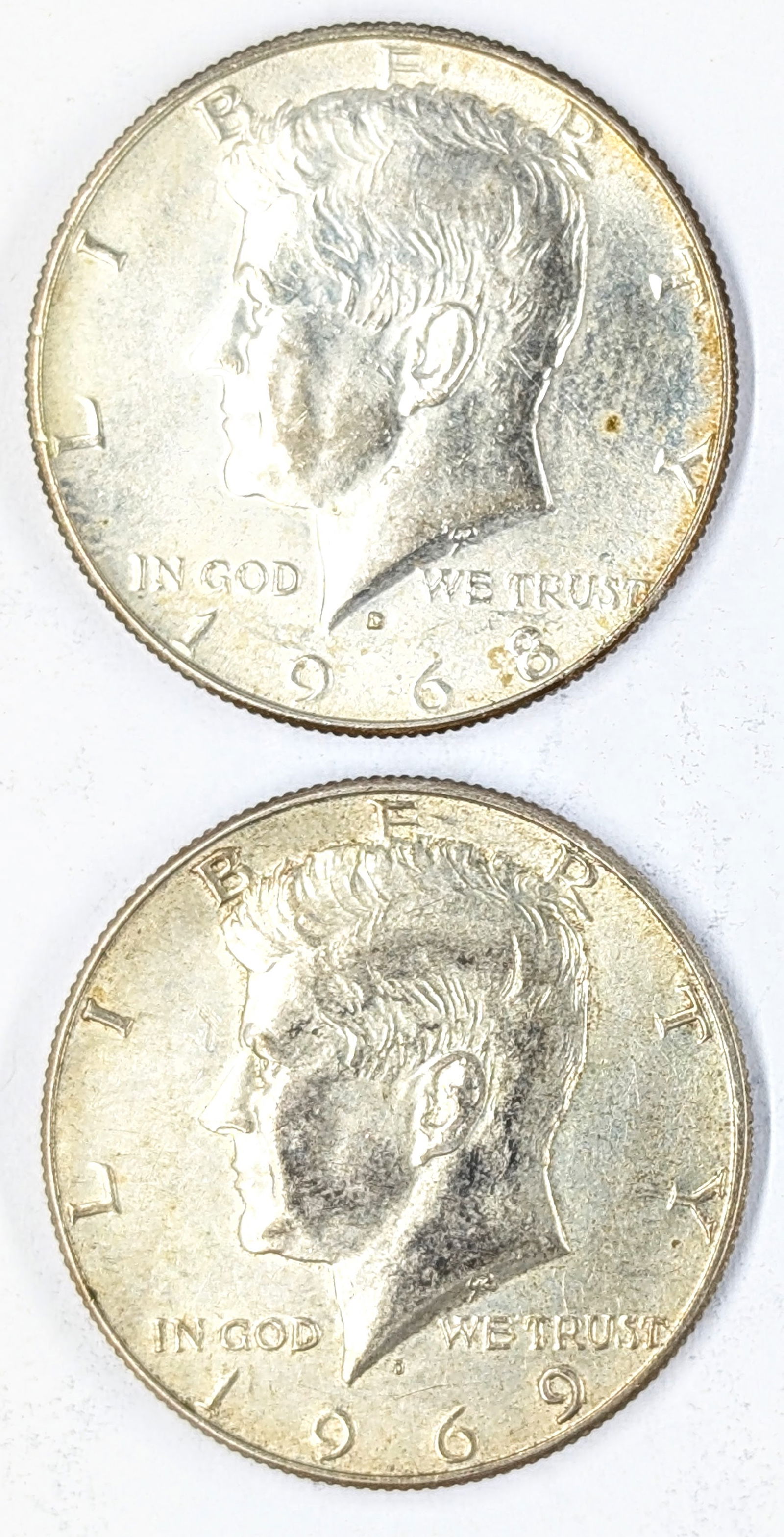 Lot of 2 Silver John F Kennedy Half Dollars 40% Silver- 1968-D, 1969-D (1 of 2)