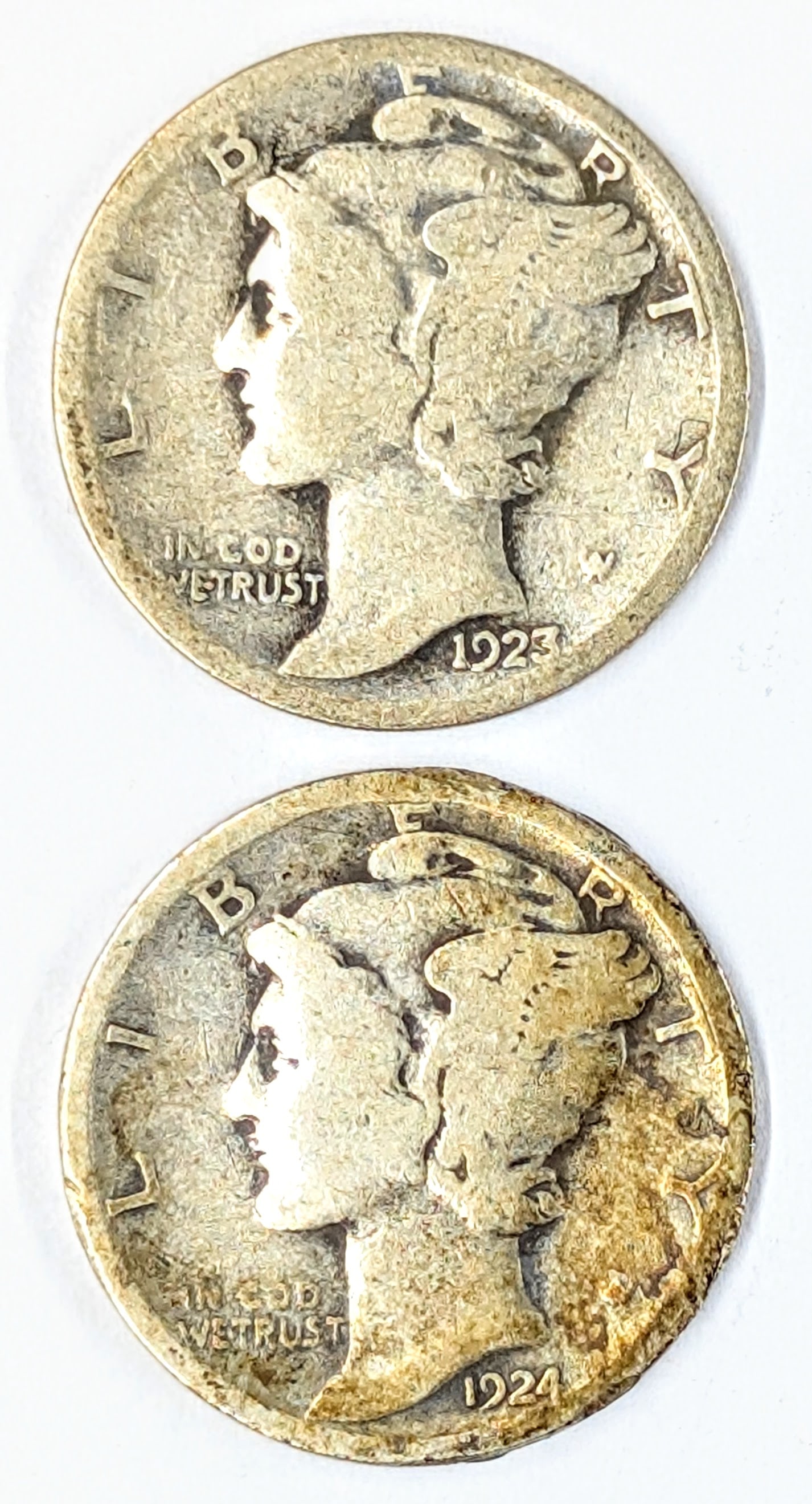 Lot of 2 Silver Mercury Dimes- 1923, 1924 (1 of 2)