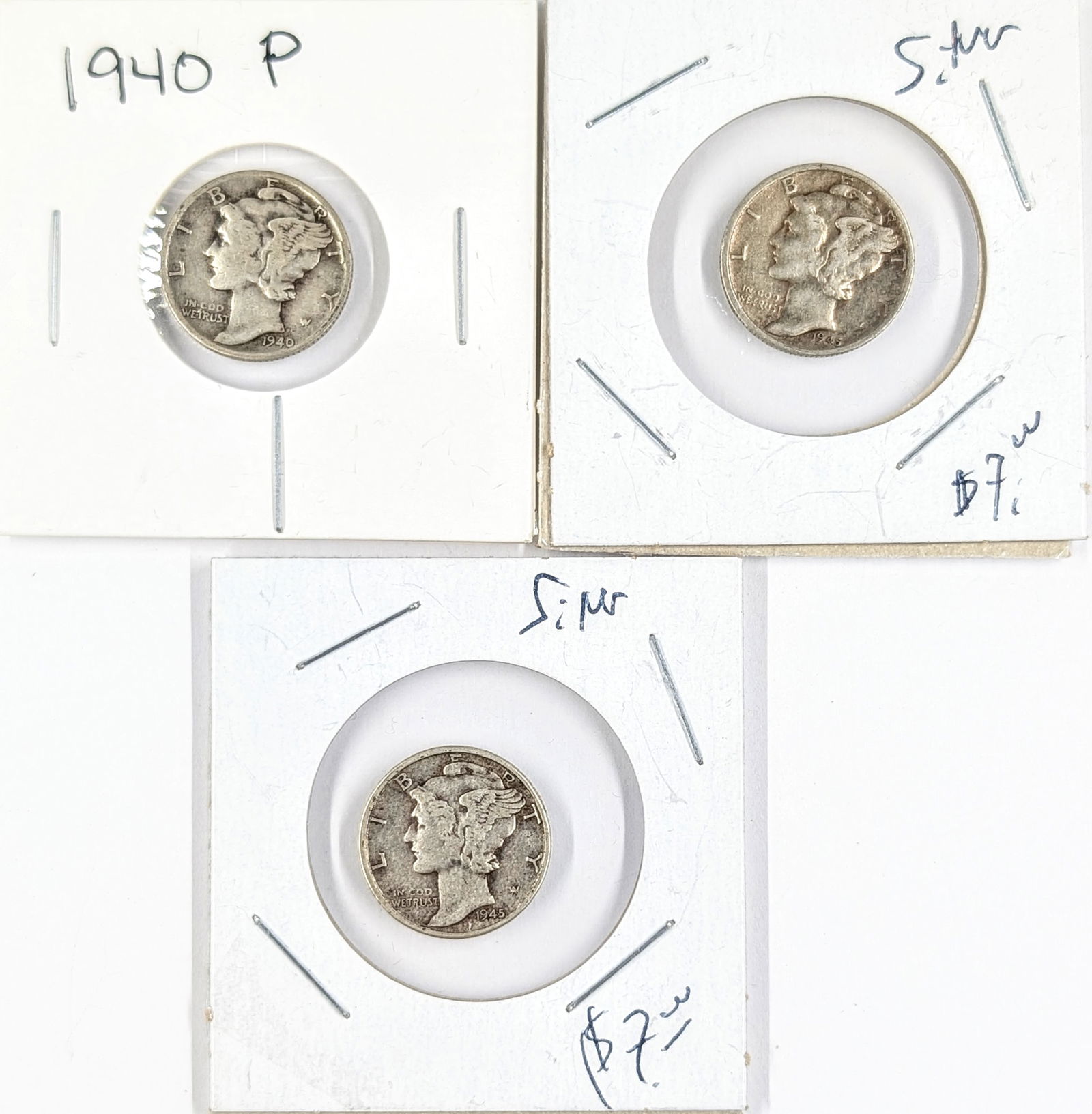 Lot of 3 Silver Mercury Dimes- 1940, 1945 D&P (1 of 2)