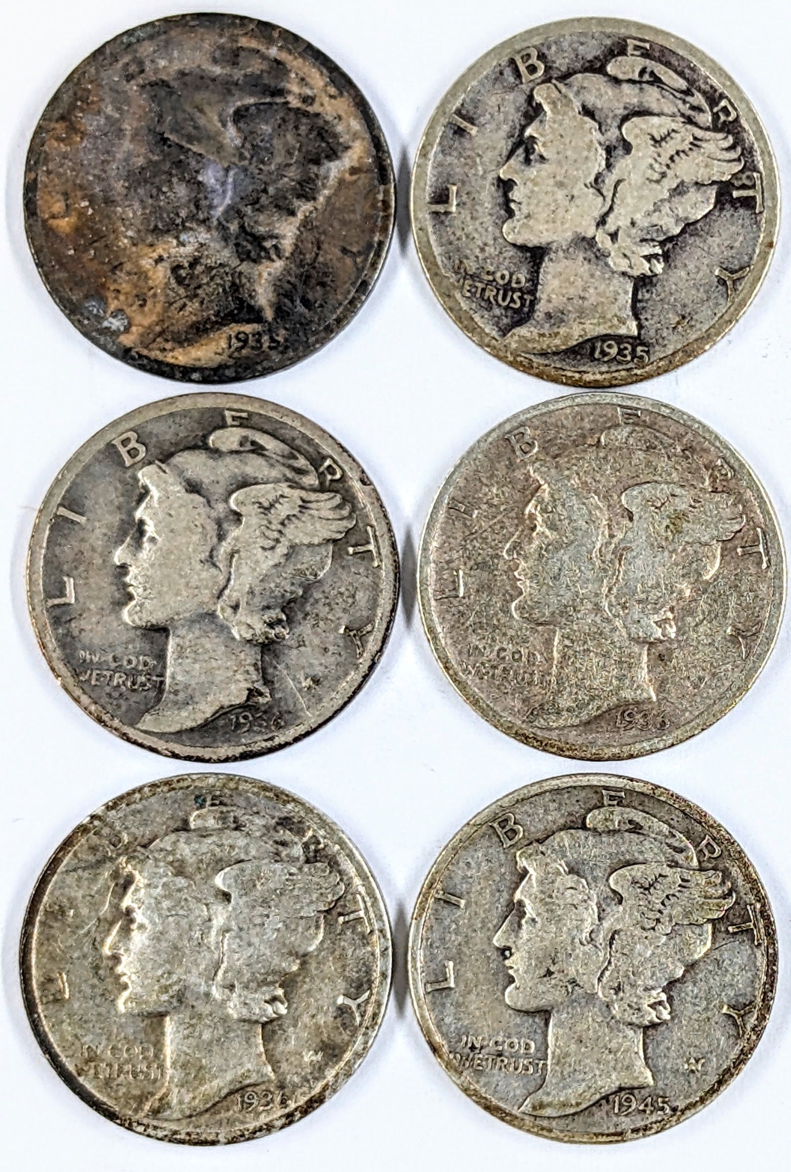 Lot of 6 Silver Mercury Dimes- 1935-1945 (1 of 2)