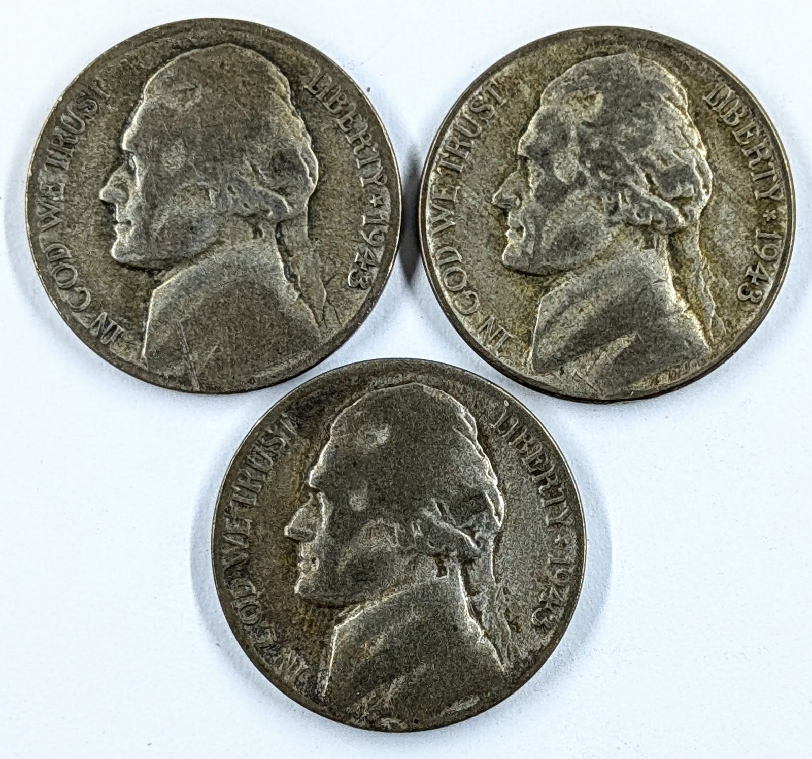 Lot of 3 Silver War Nickels - 35% Silver- 1943, D,P,&S (1 of 2)