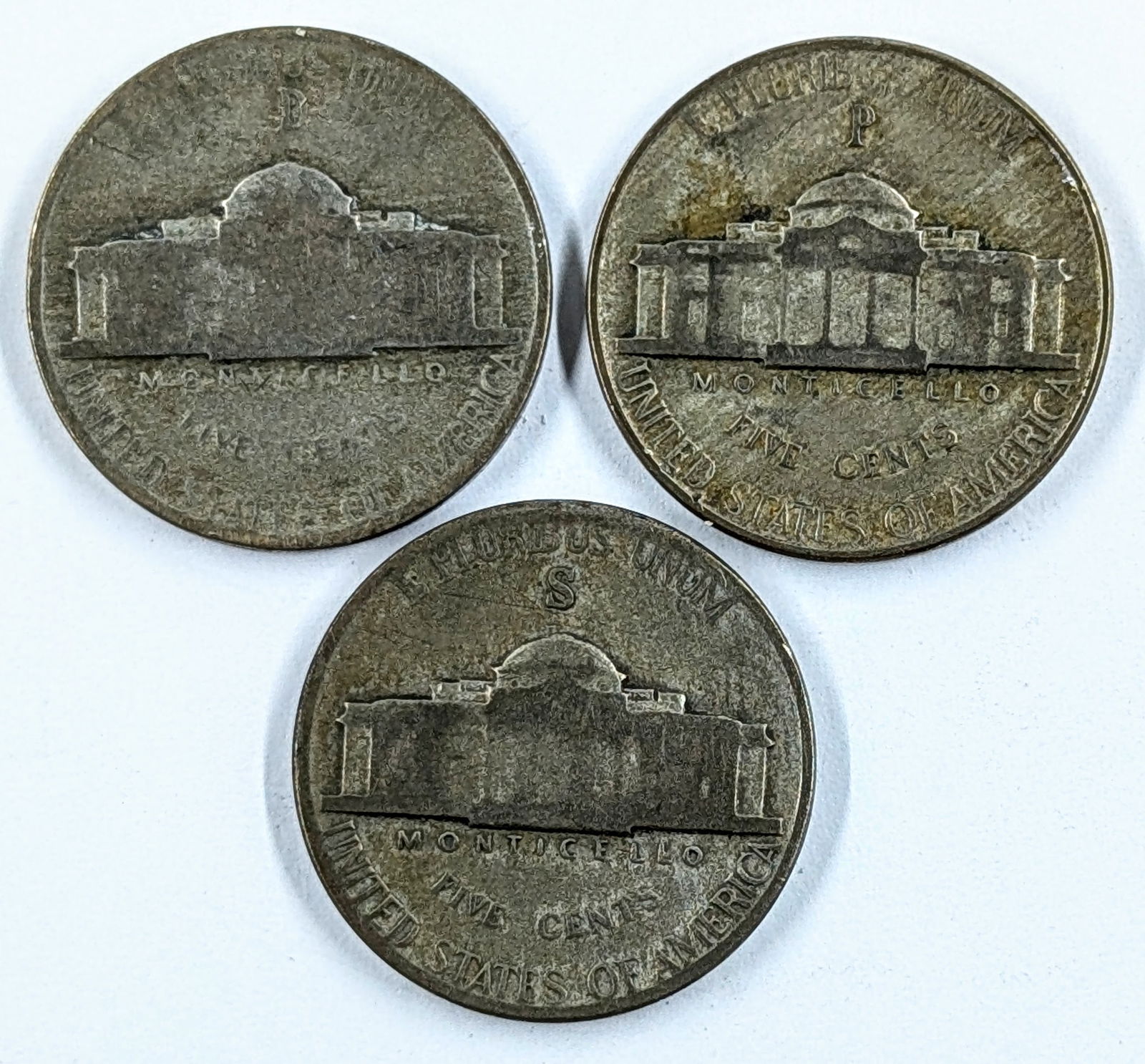 Lot of 3 Silver War Nickels - 35% Silver- 1943, D,P,&S - 2